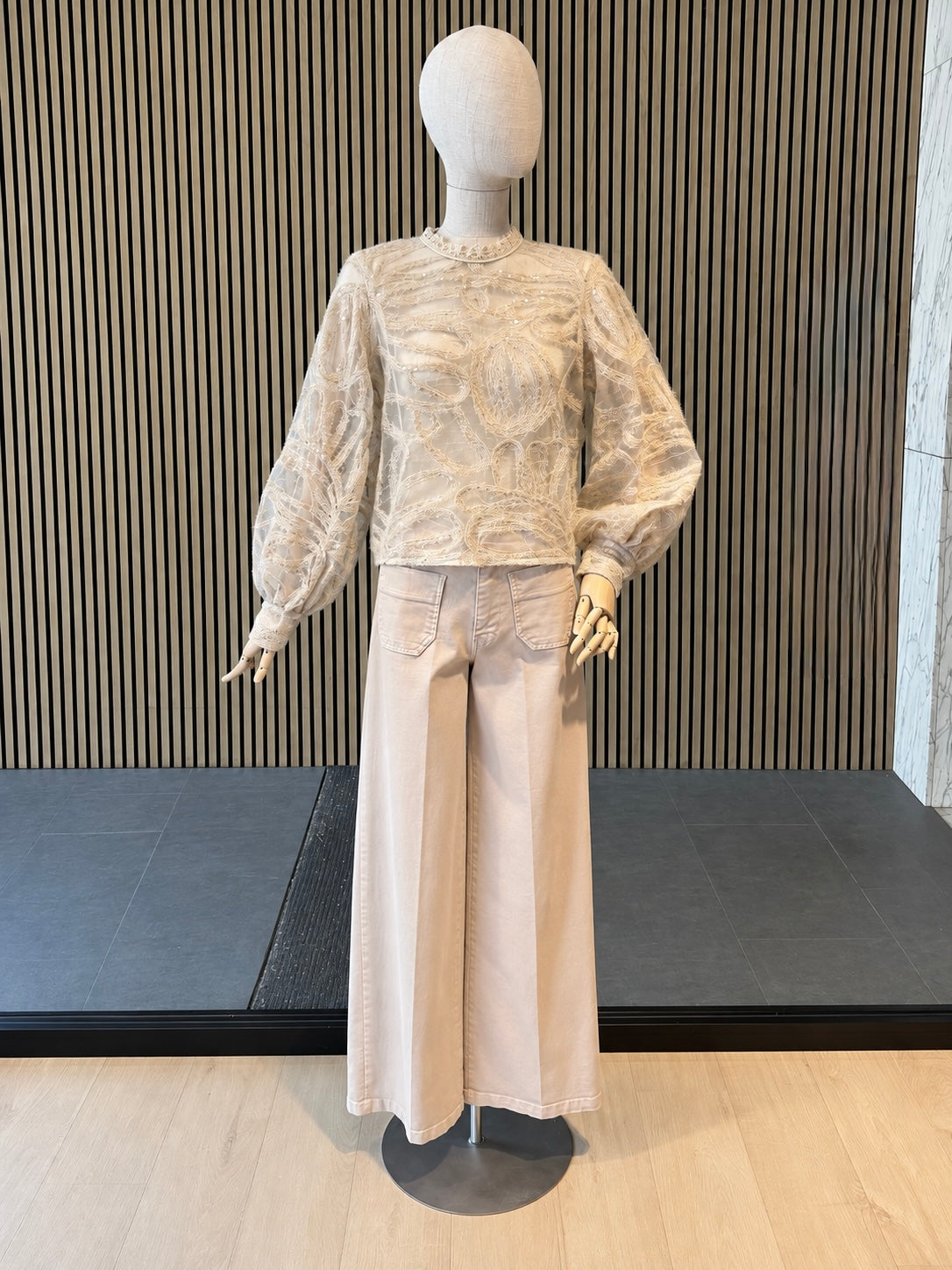 Ivory Sheer Embroidered Sequin Blouse With Balloon Sleeves