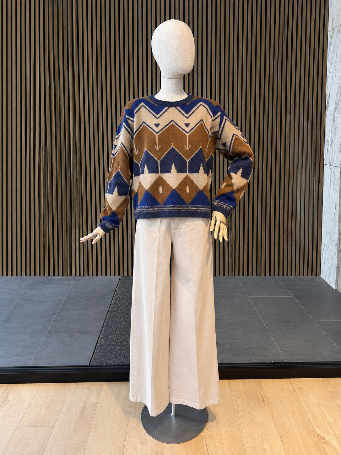 Women's Geometric Jacquard Knit Sweater - Navy, Camel & Beige