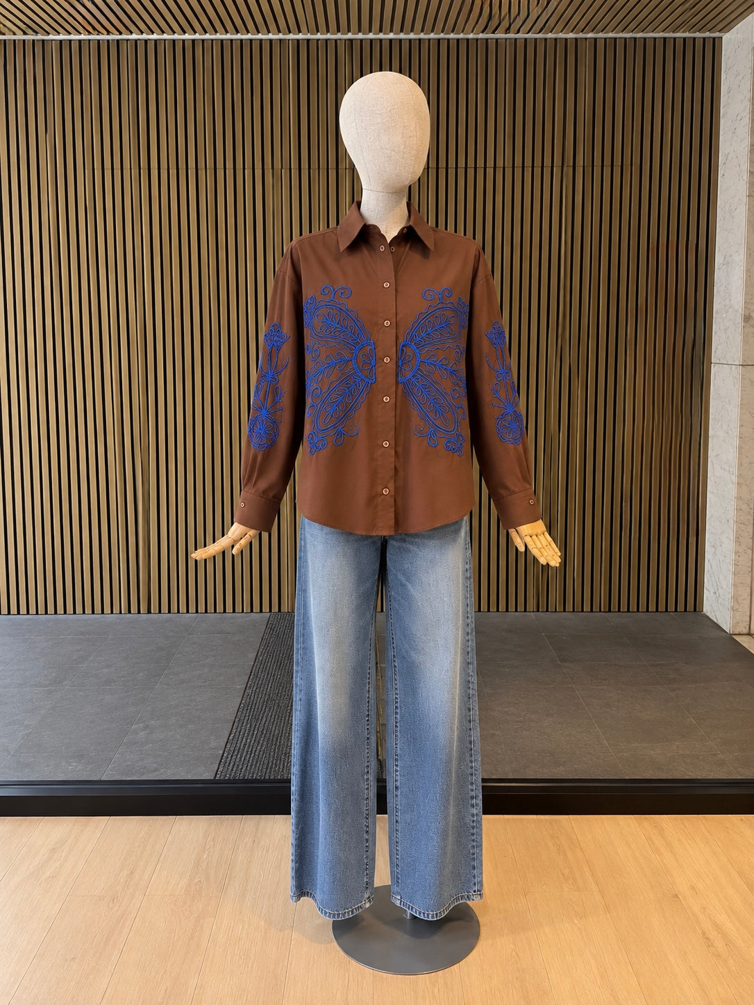 Brown Embroidered Oversized Shirt - Blue Floral Detail
