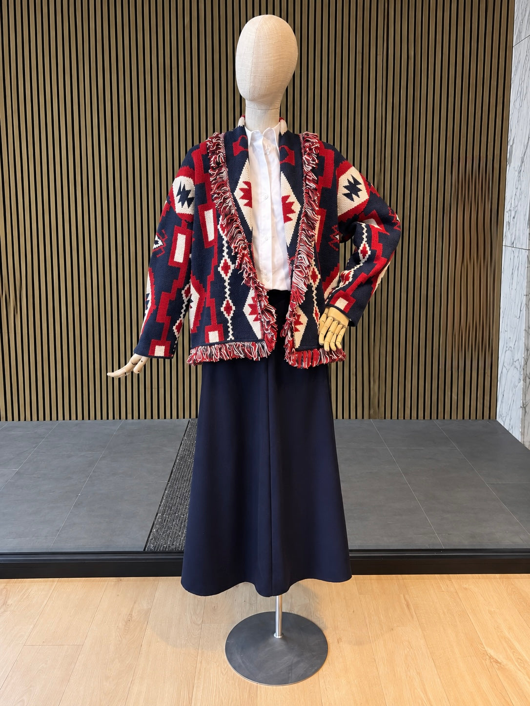 Geometric Jacquard Fringe Cardigan – Navy, Red & Cream