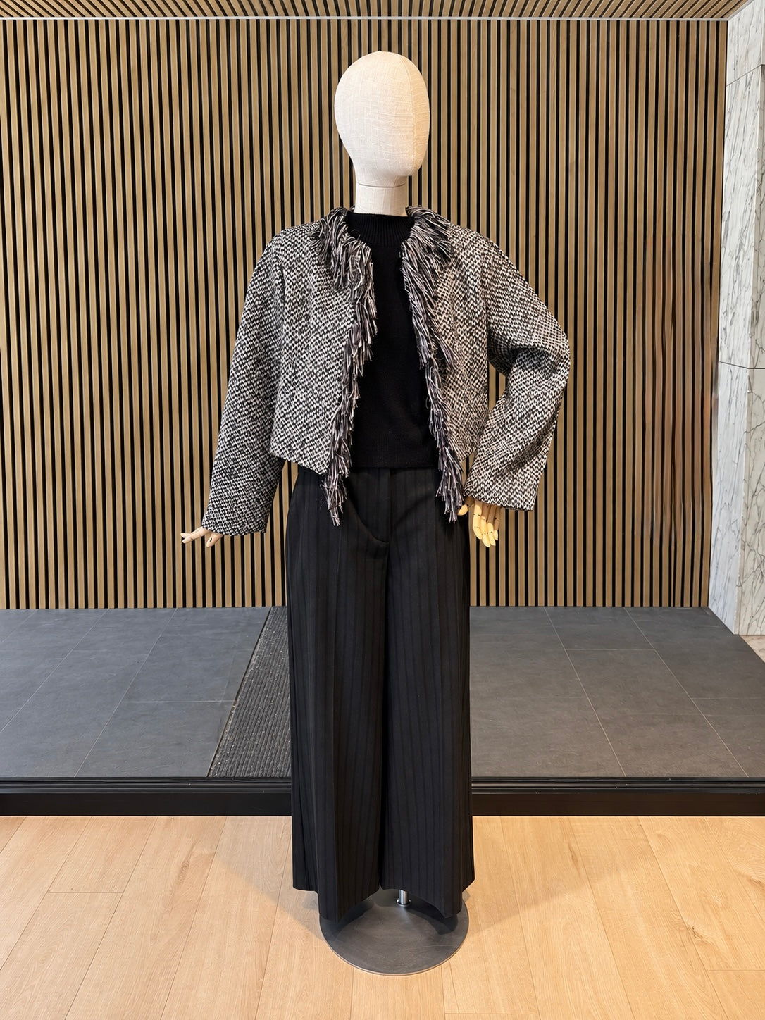 Black & Cream Textured Fringe Tweed Jacket