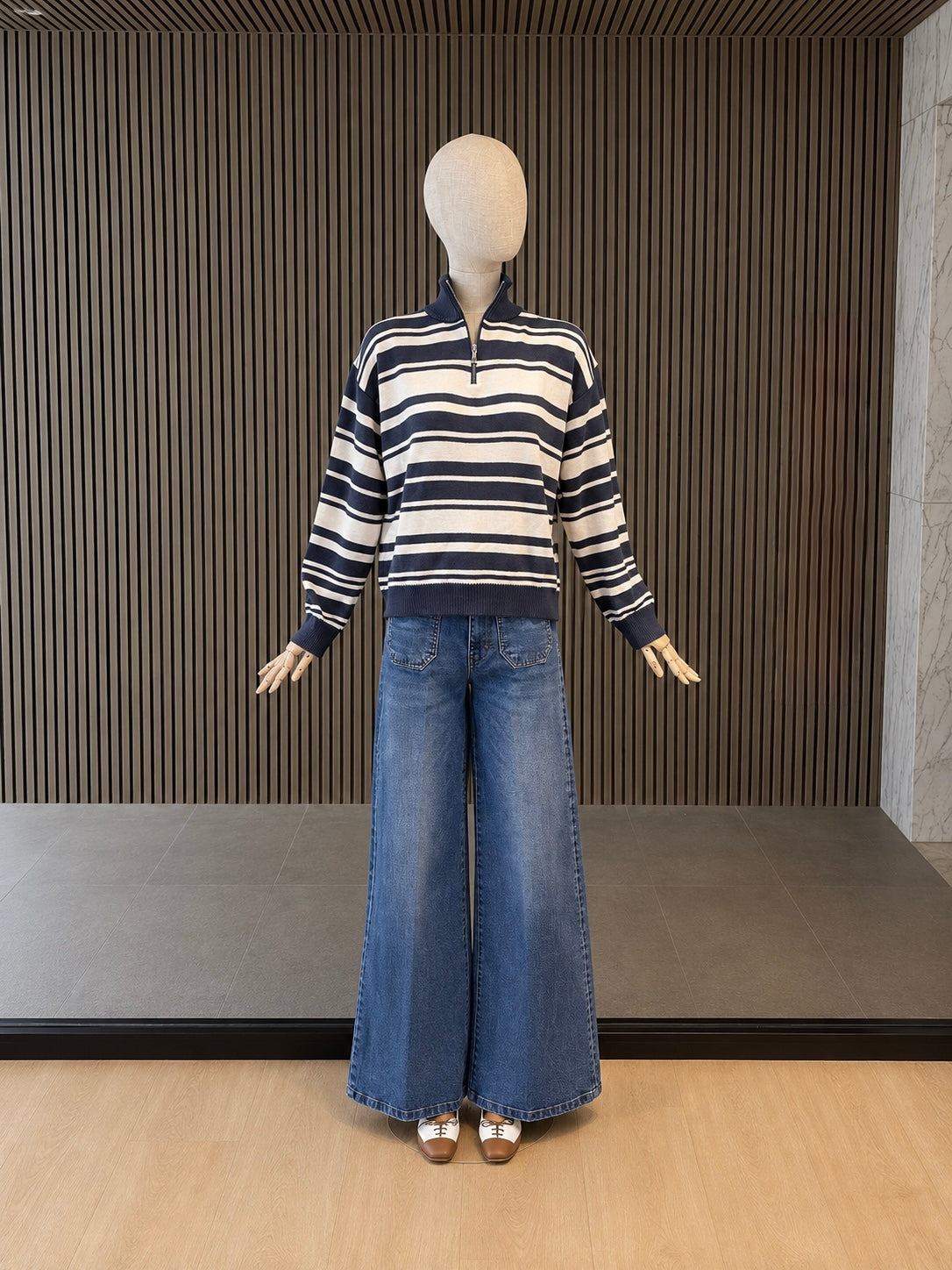 Navy & White Striped Half-Zip Cotton Knit Sweater - Relaxed Fit Women's Jumper