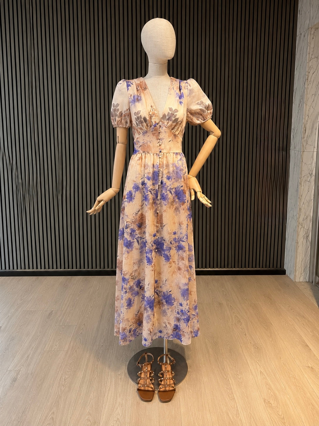 Blush Floral Maxi Dress - Romantic Puff Sleeve Button Front Dress