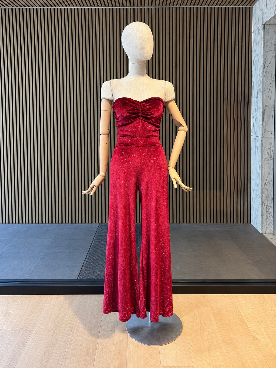 Burgundy Glitter Strapless Wide-Leg Jumpsuit - Party Jumpsuit