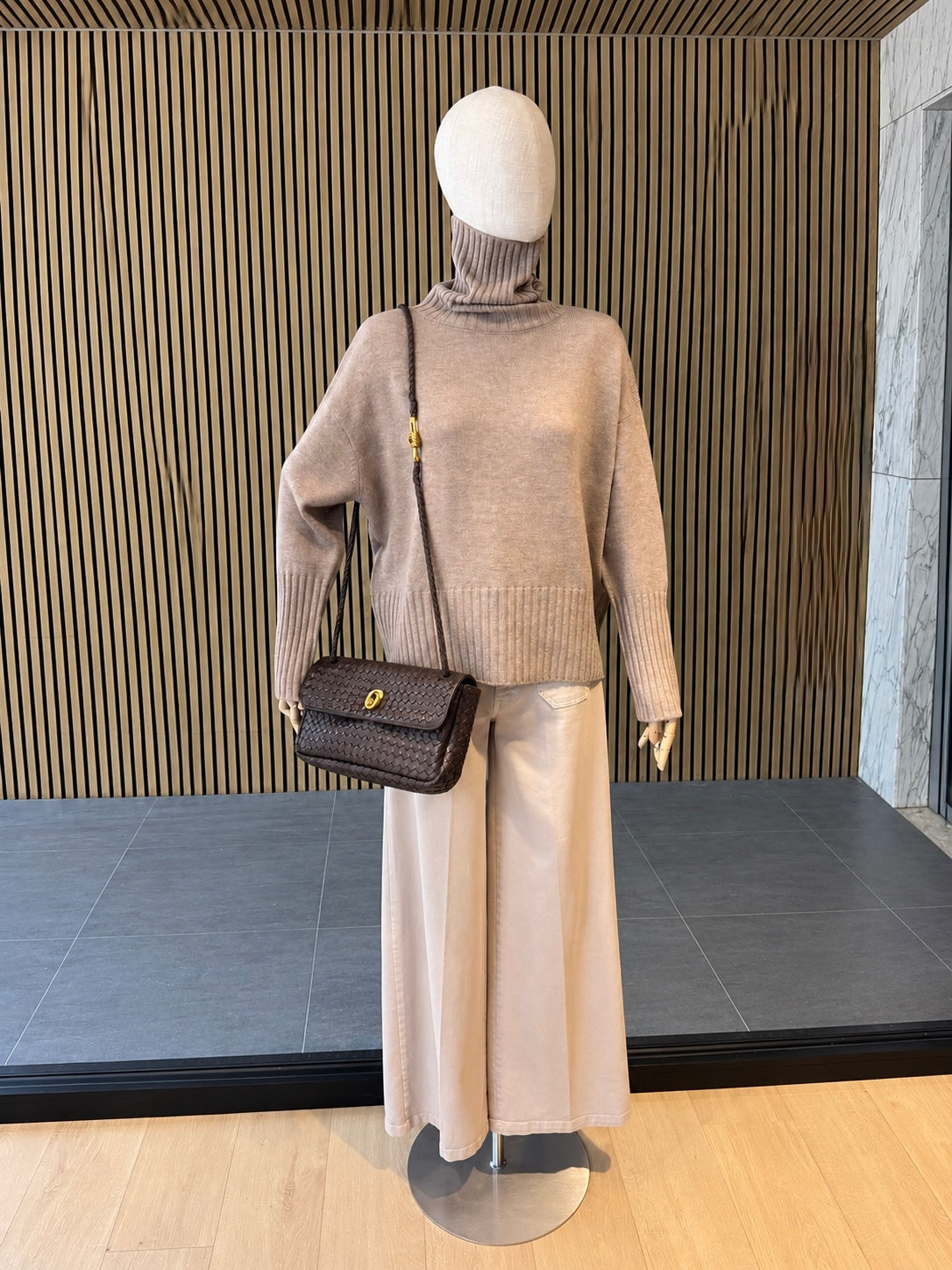 Brown Woven Leather Shoulder Bag With Gold Hardware