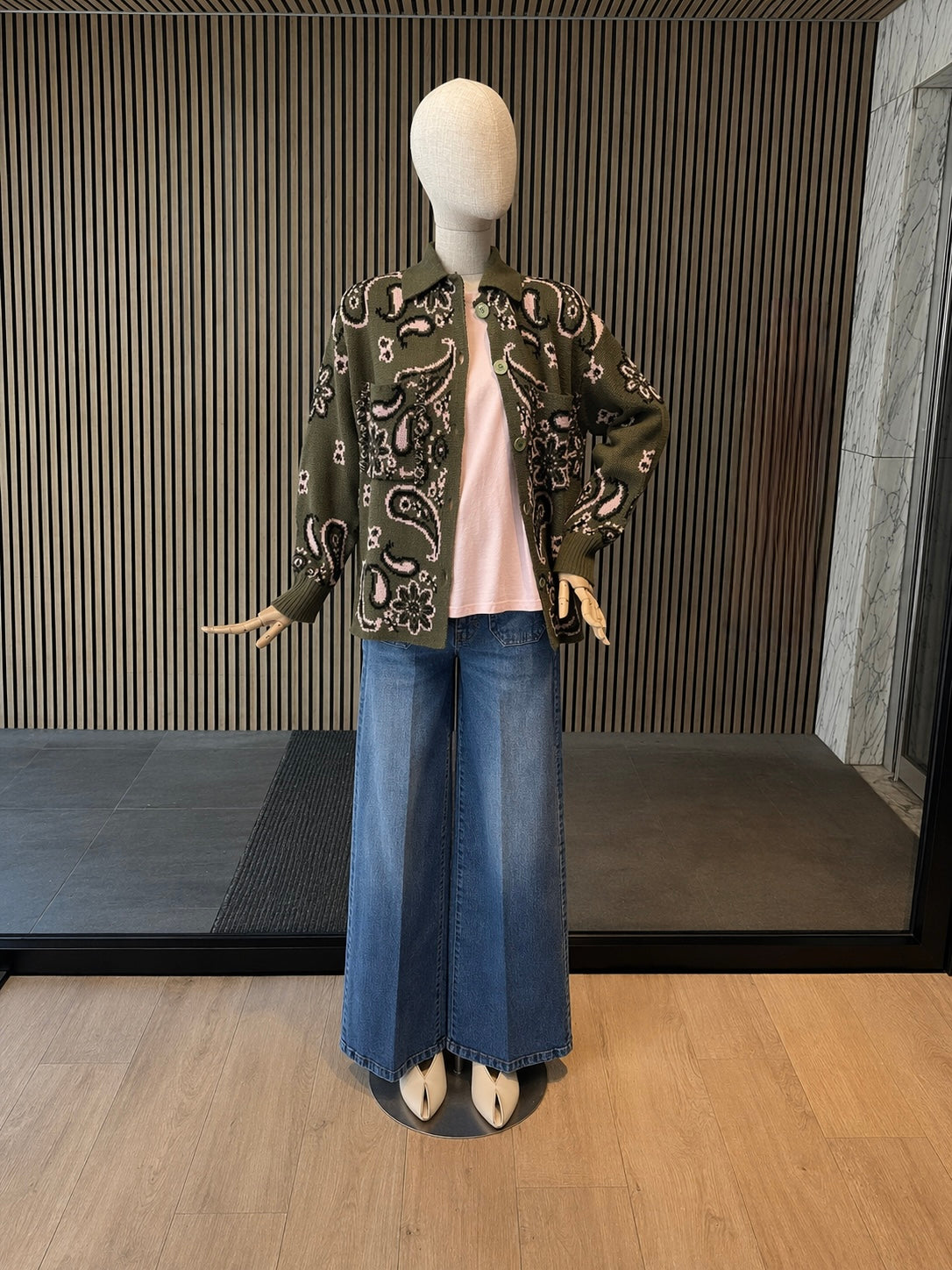Olive Paisley Knit Cardigan Jacket - Relaxed Fit Button-Up