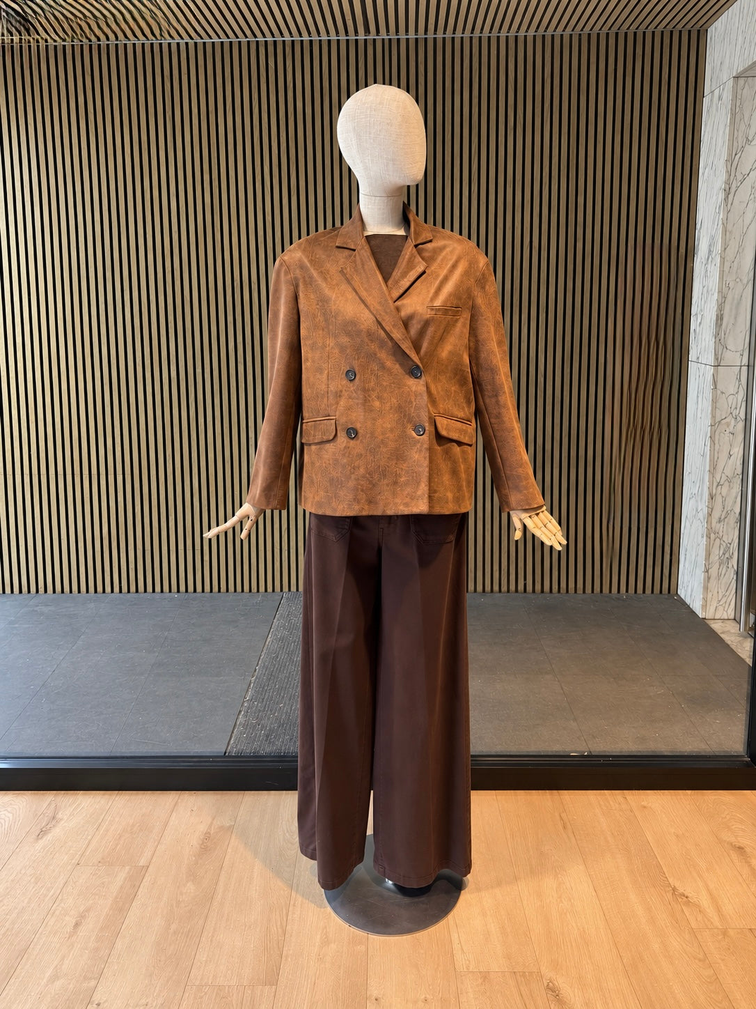 Relaxed Fit Distressed Brown Double-Breasted Faux Leather Blazer - Women's Vintage-Effect Jacket