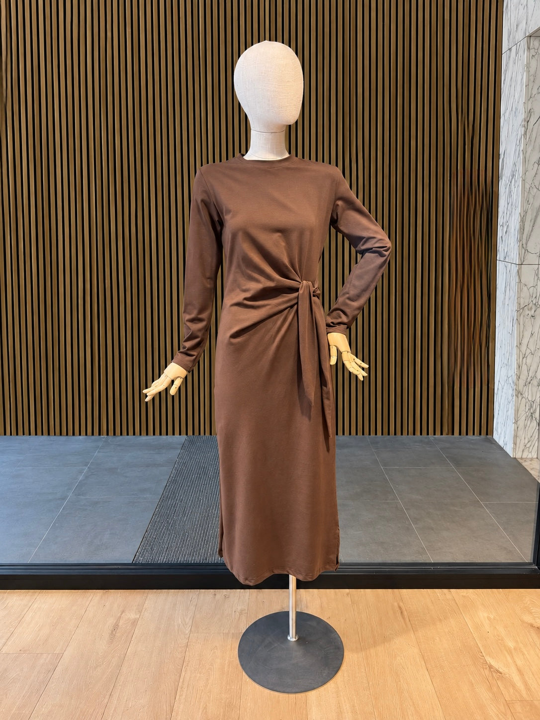 Chocolate Brown Side-Knot Long Sleeve Maxi Dress