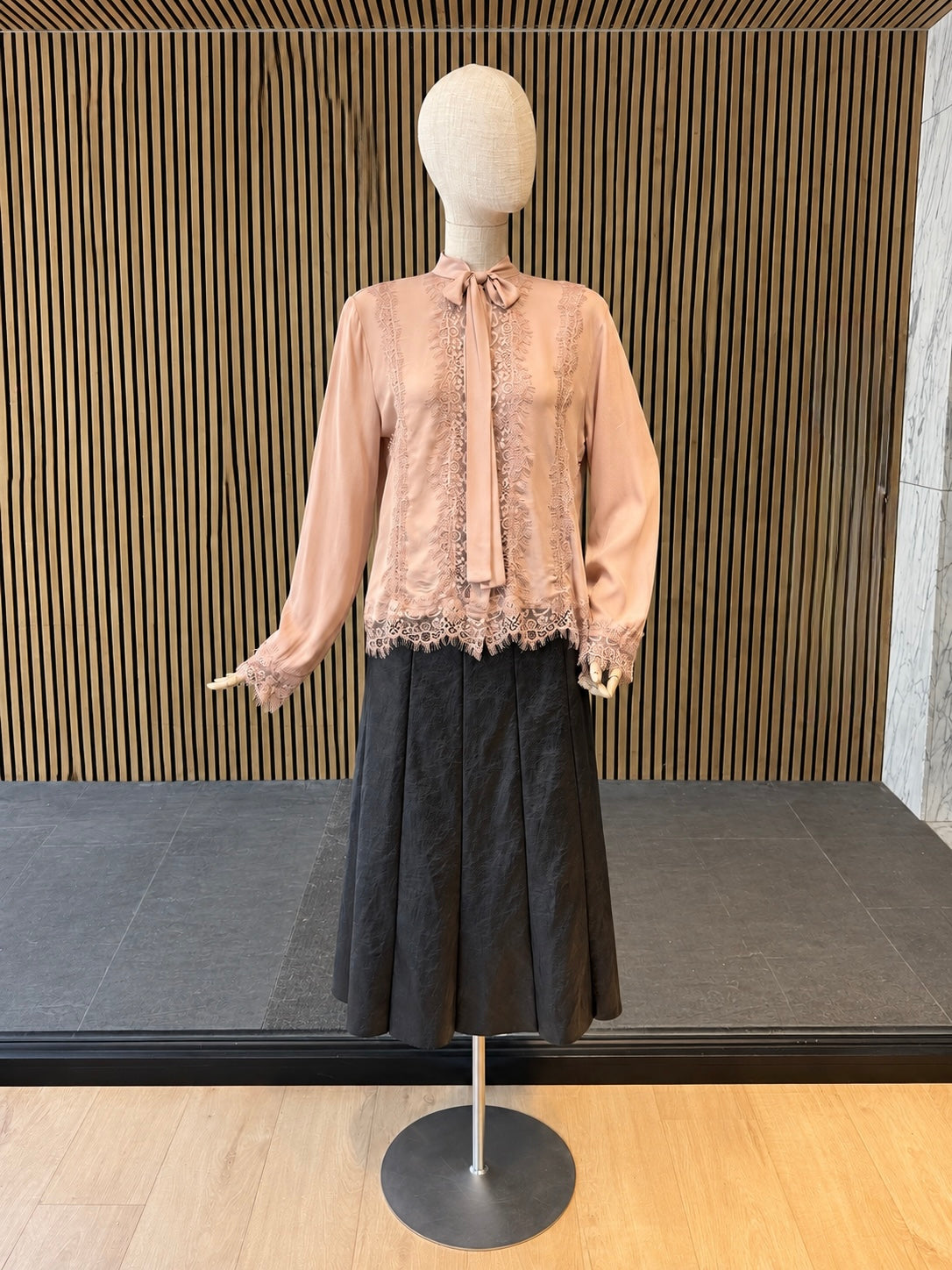 Relaxed Fit Blush Pink Lace Blouse With Bow Neck & Sheer Details