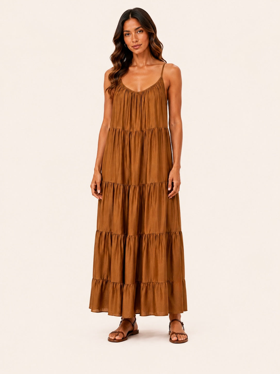 Women's Caramel Brown Tiered Spaghetti Strap Maxi Dress