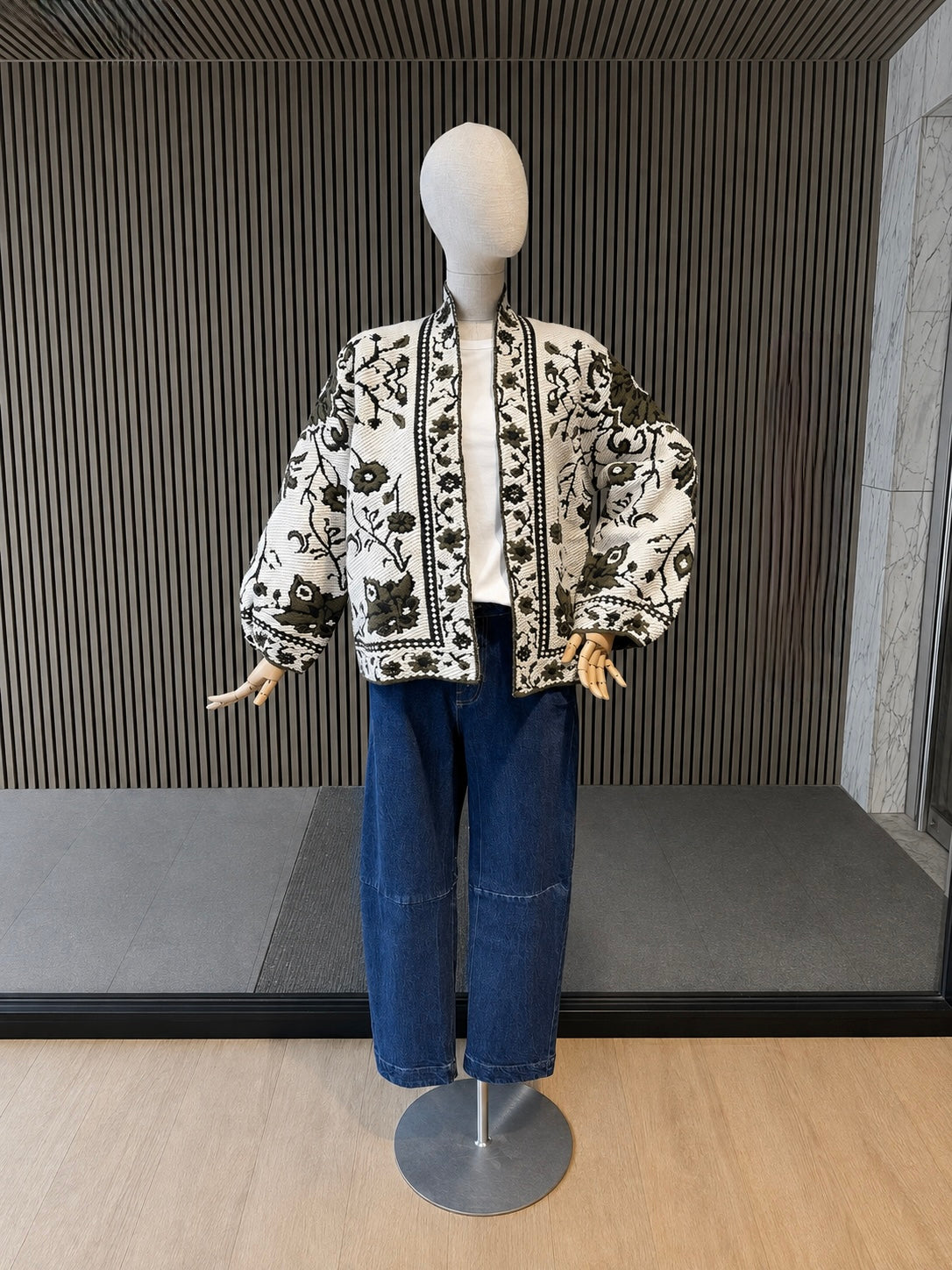 Women's Relaxed Fit Ivory & Olive Floral Embroidered Cardigan Jacket