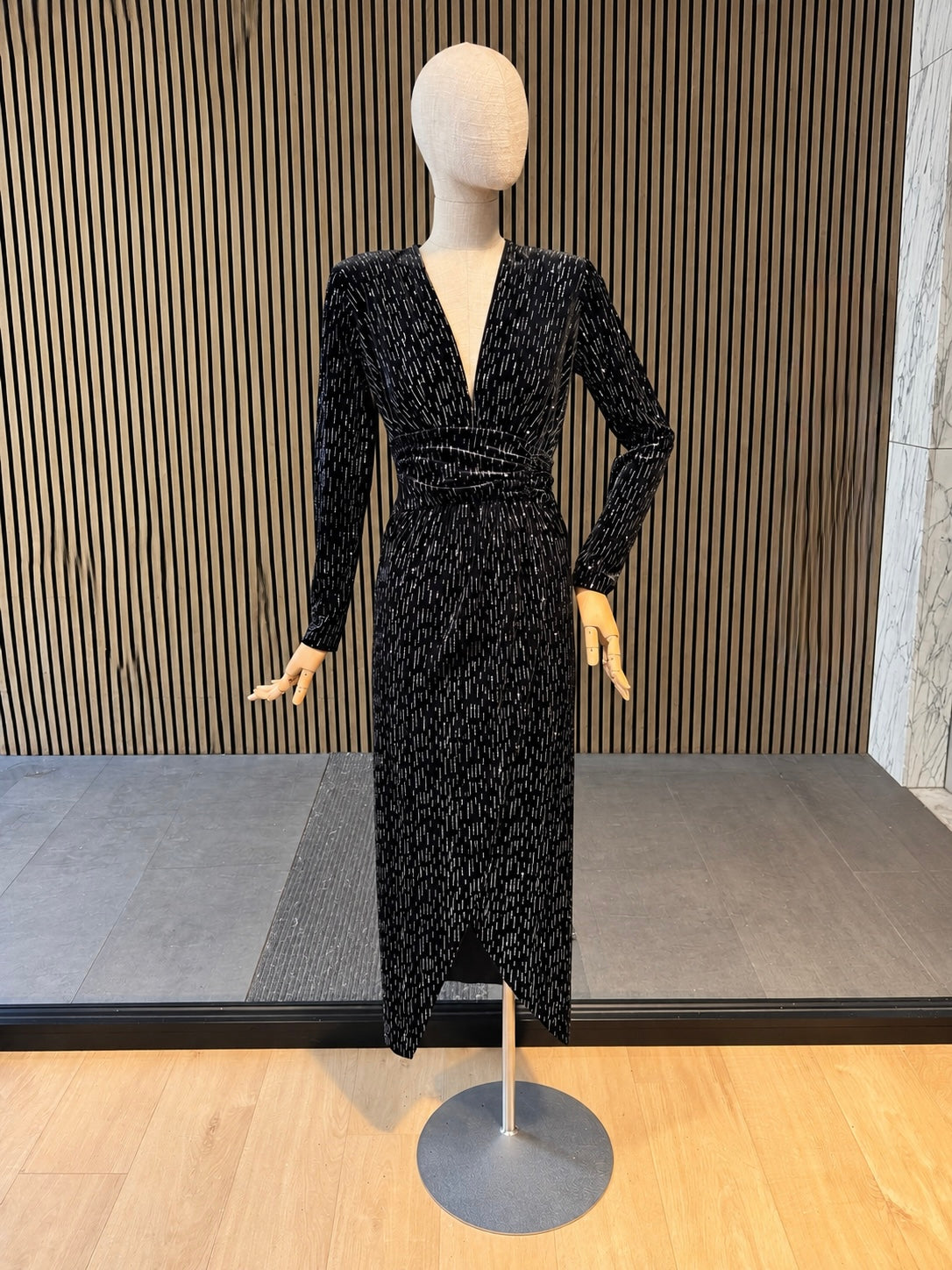Black Velvet Midi Dress With Silver Shimmer & Ruched Waist - Party Dress