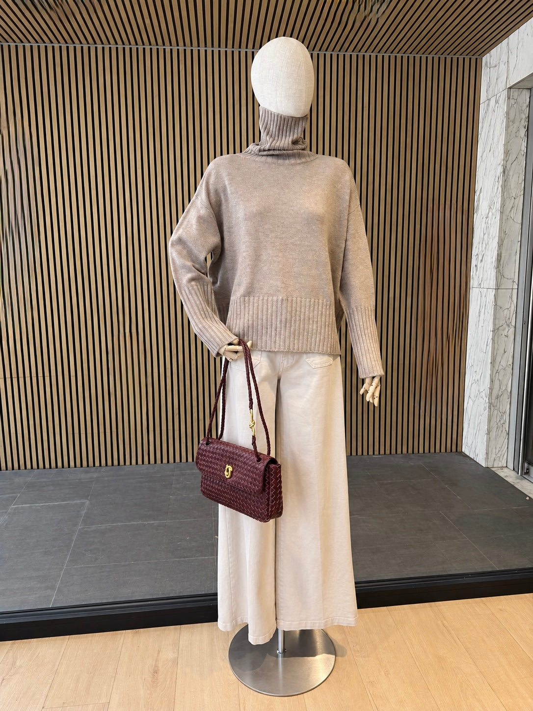 Burgundy Woven Leather Shoulder Bag With Gold Hardware