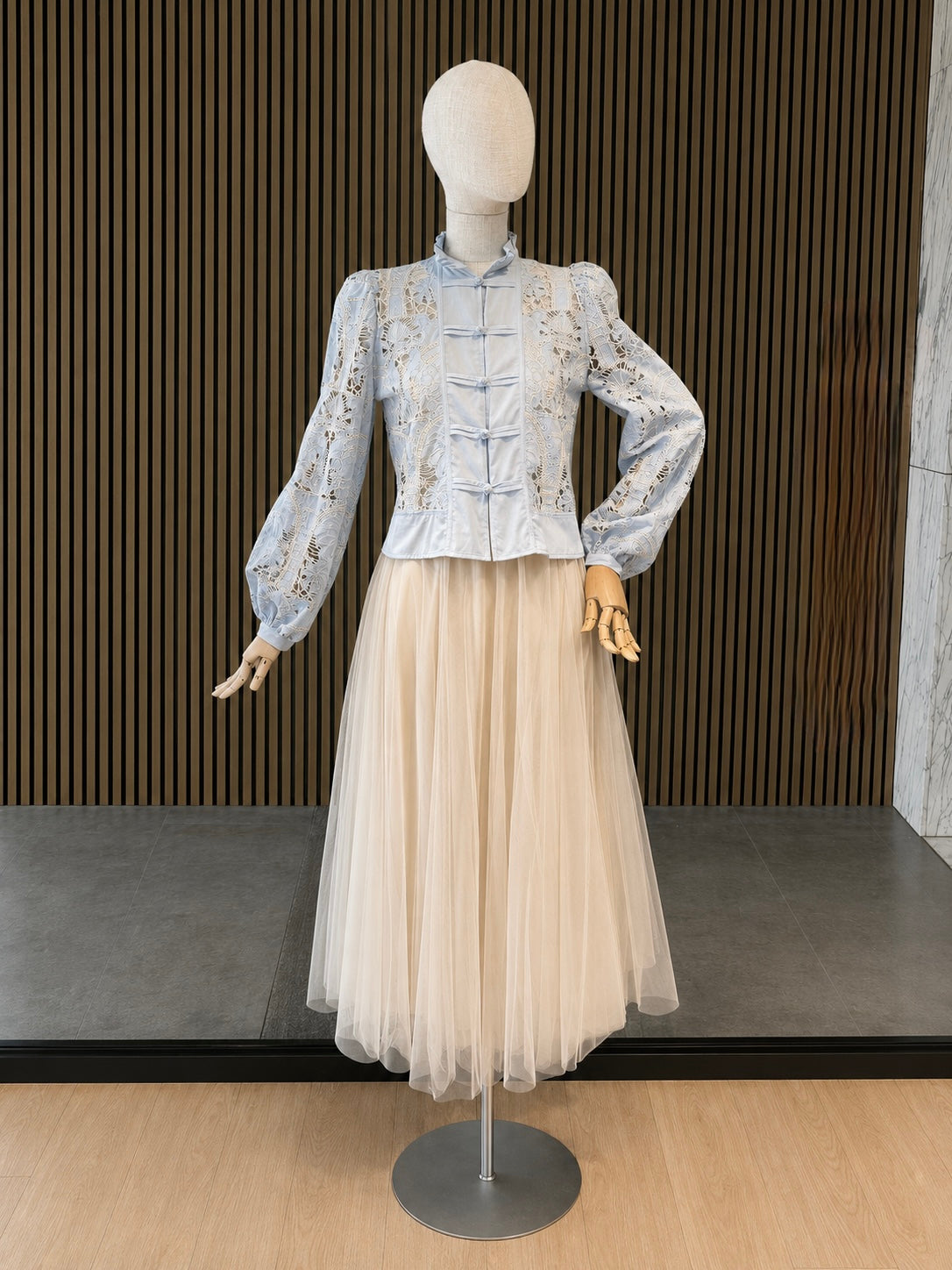 Light Blue Embroidered Jacket With Cream Stitching - Elegant Women's Statement Jacket