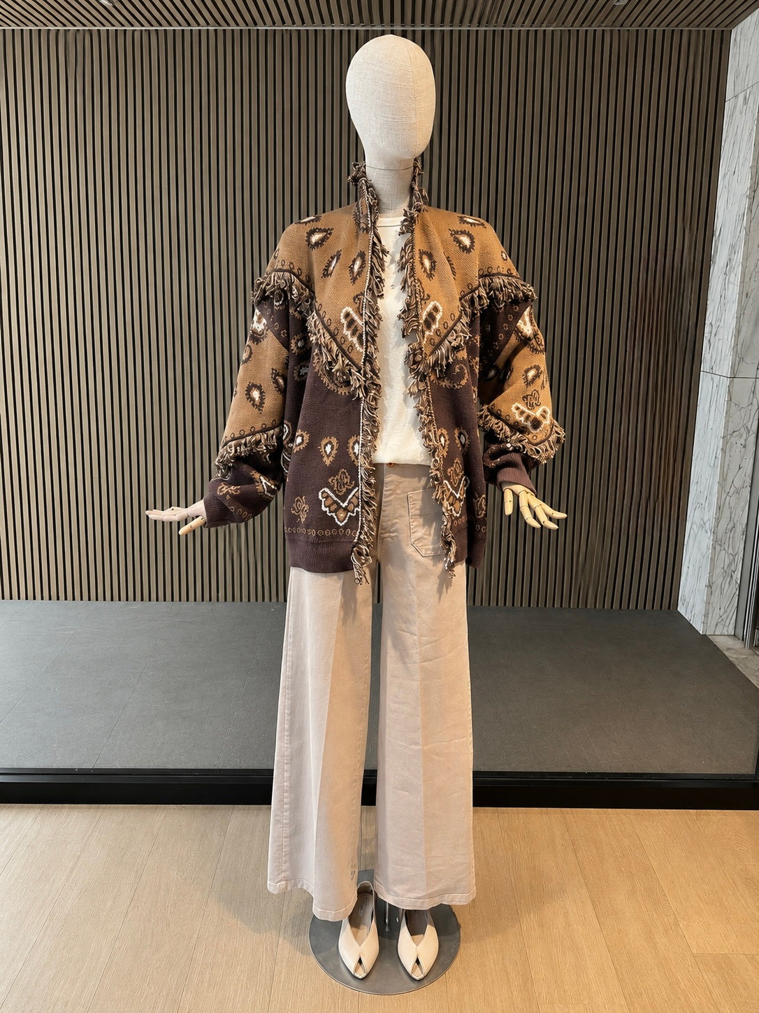 Boho Fringe Knit Cardigan Jacket - Brown & Camel Oversized Open Front Sweater