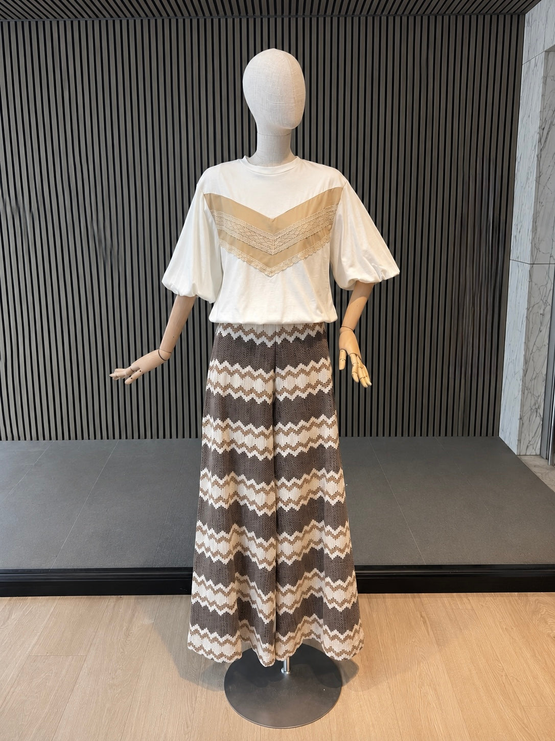 Mocha Cream Chevron Knit Wide Leg Pants - Women's Textured Knit Trousers