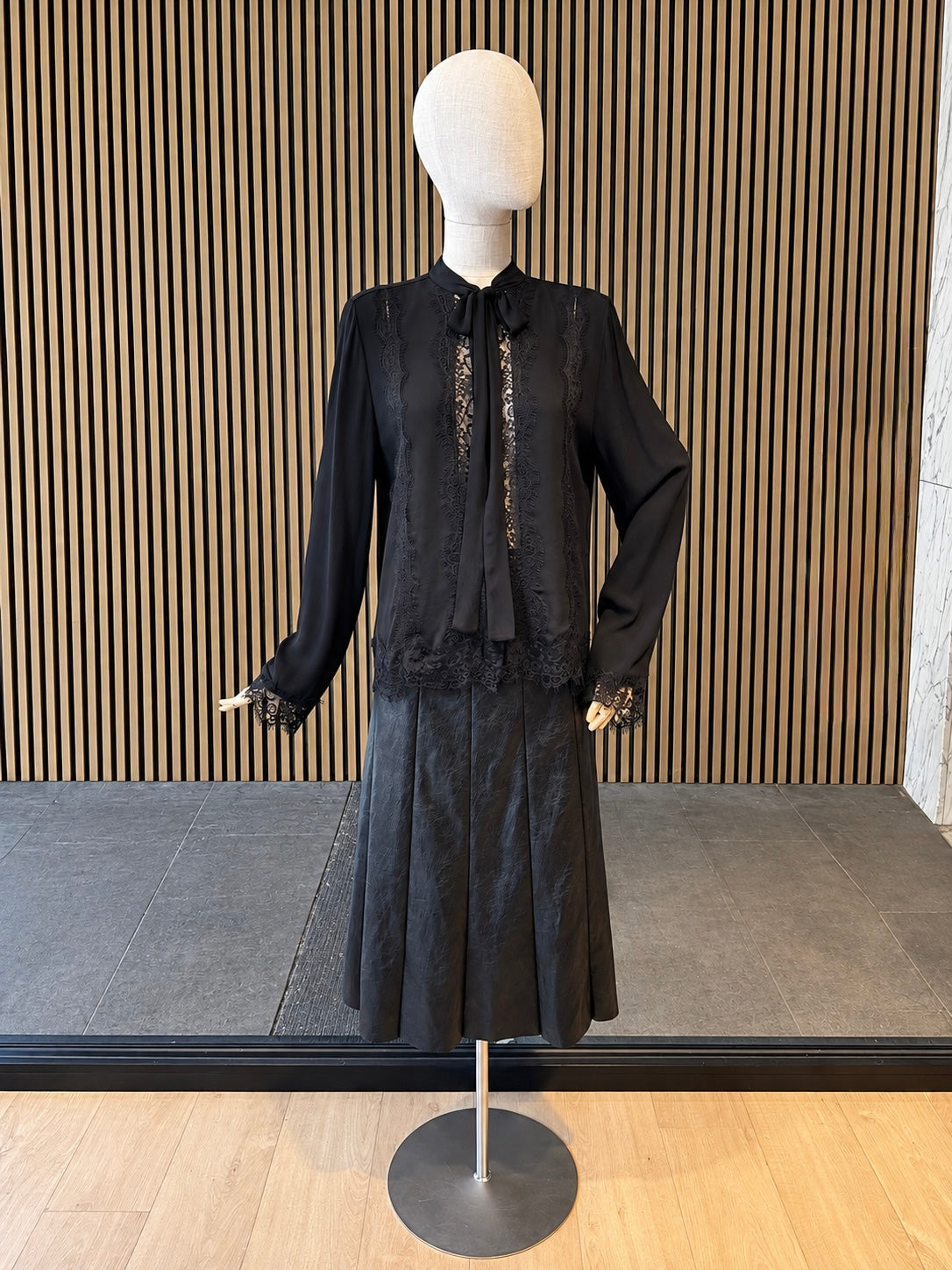 Relaxed Fit Black Lace Blouse With Bow Neck & Sheer Details