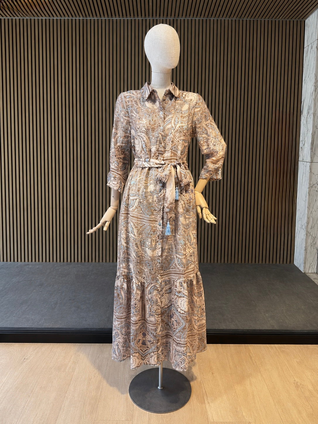 Women's Beige Paisley Shirt Maxi Dress With Belt & Tassel Tie - Elegant Button Front Long Dress