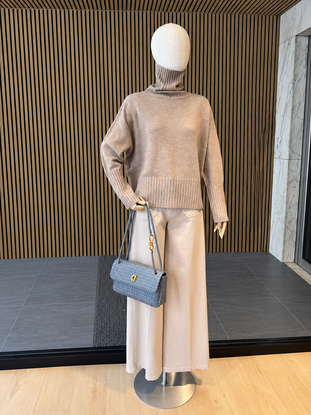 Grey Woven Leather Shoulder Bag With Gold Hardware