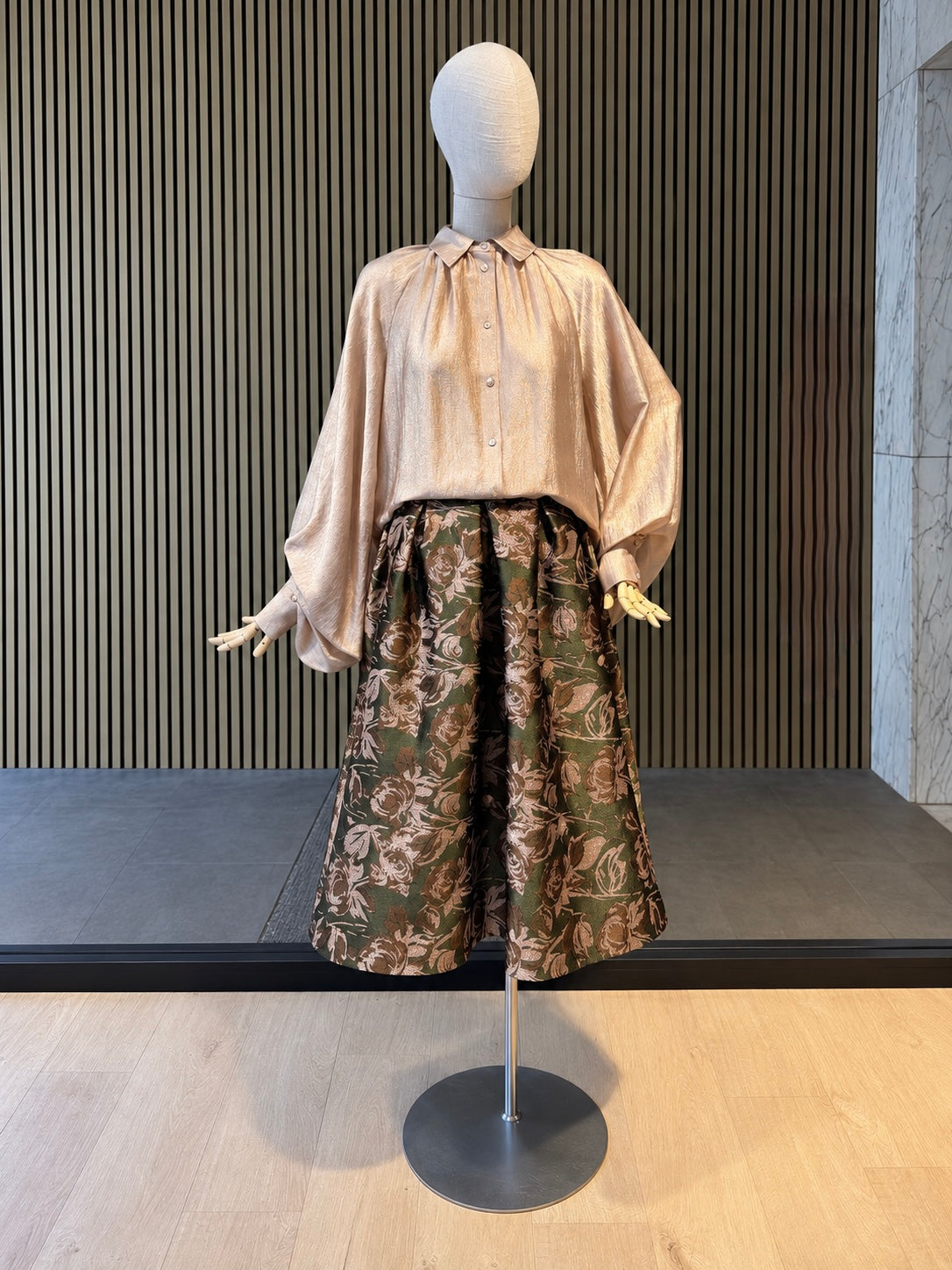 Olive Green & Rose Gold Floral Jacquard Pleated Midi Skirt