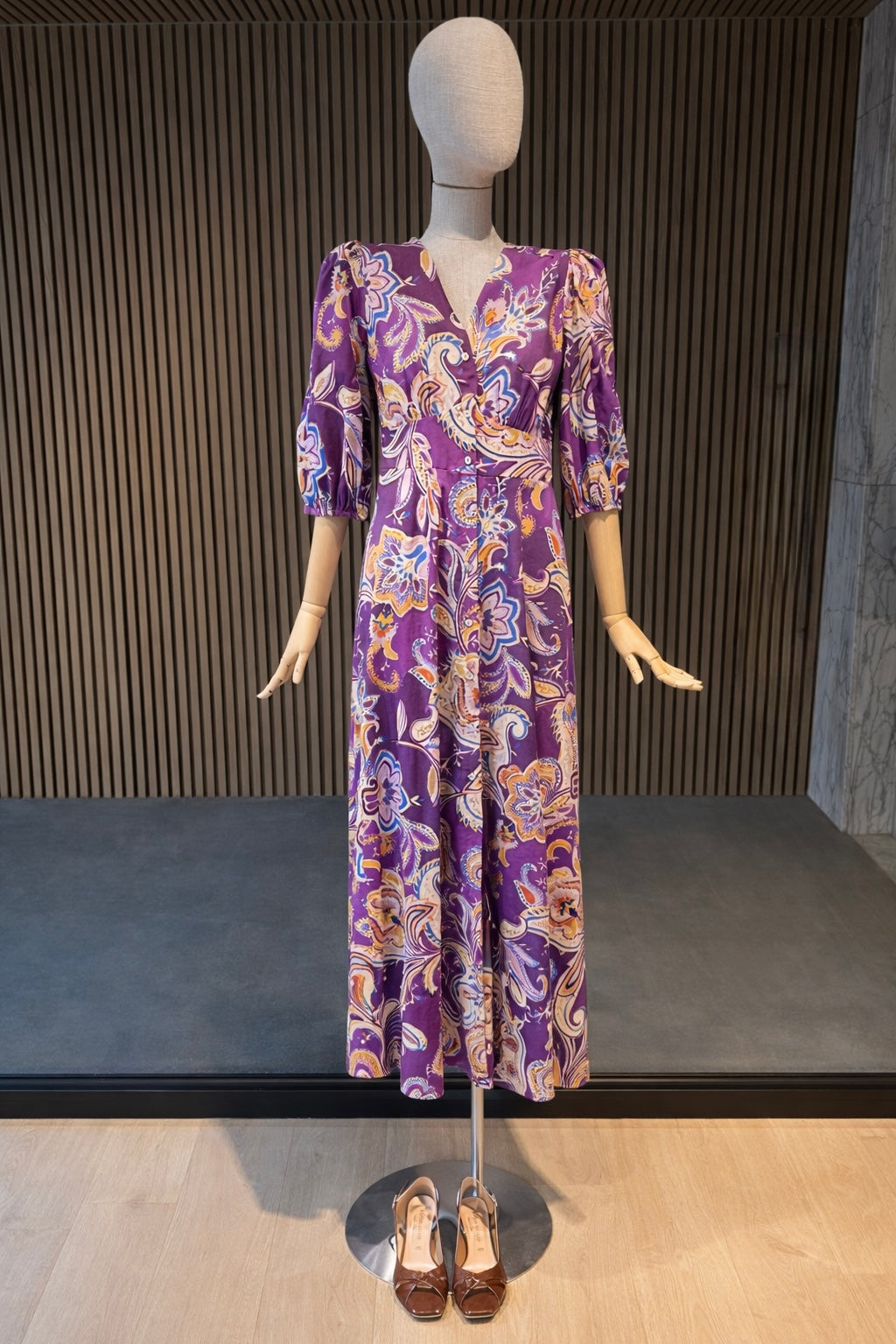 Purple Paisley V-Neck Puff Sleeve Maxi Dress