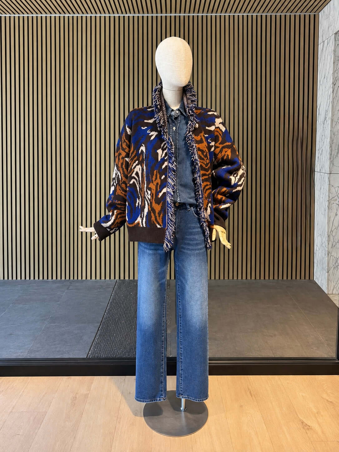 Women's Relaxed Fit Fringed Jacquard Knit Cardigan - Brown, Cobalt Blue & Rust
