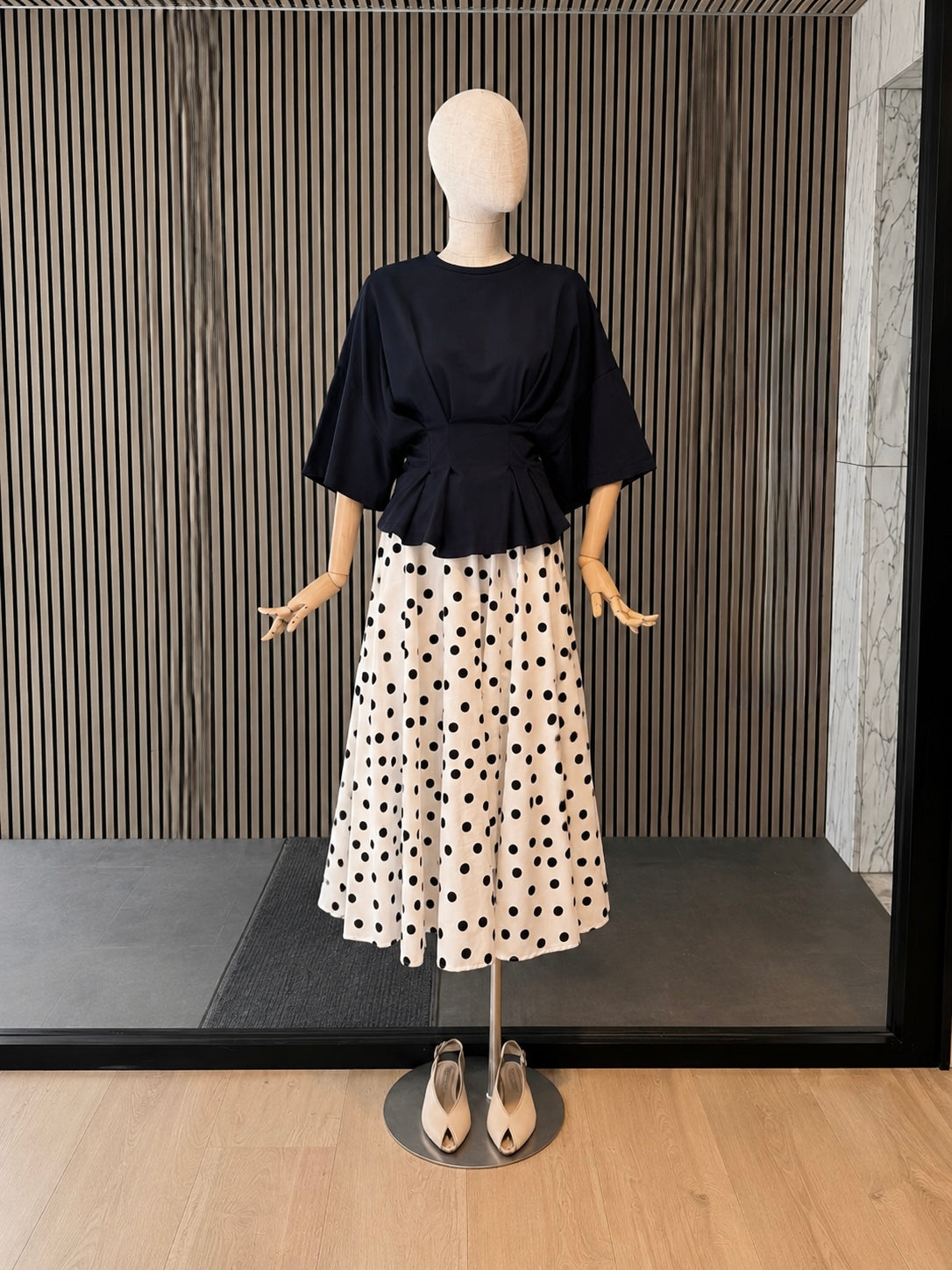 Elegant Black Polka Dot Midi Skirt - Flowy A-Line Skirt with Drawstring Waist