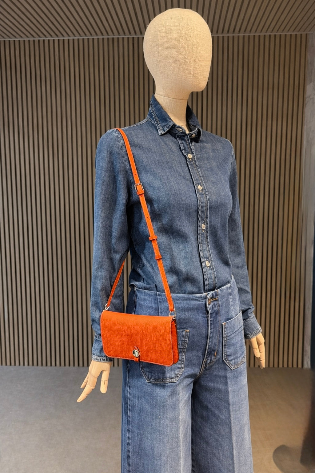 Luxe Orange Leather Modular Crossbody Bag - Detachable Wallet & Adjustable Strap
