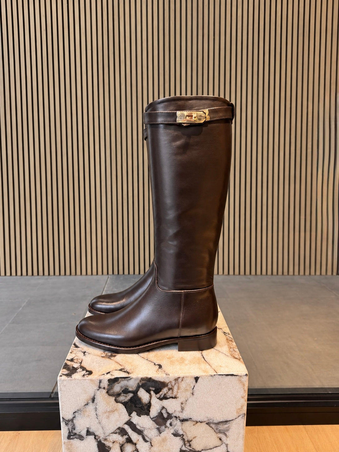 Women's Dark Brown Leather Knee-High Boots With Gold Buckle