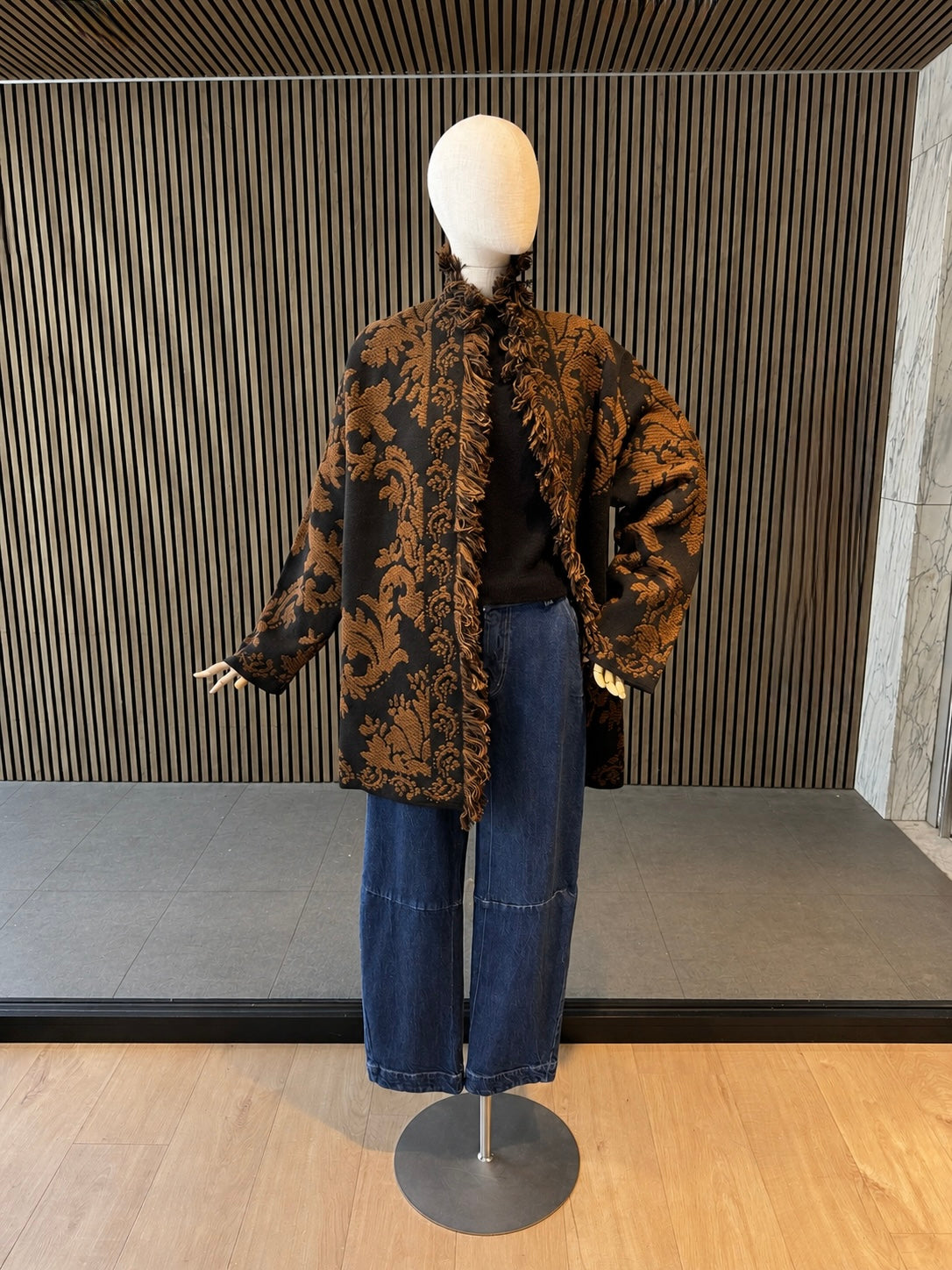 Women's Relaxed Fit Black & Brown Baroque Jacquard Fringe Jacket