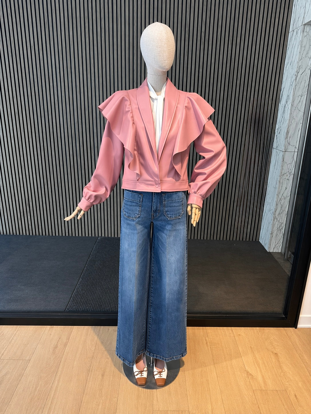 Dusty Rose Ruffle Cropped Relaxed Fit Jacket in Eco Leather - Elegant Statement Blazer