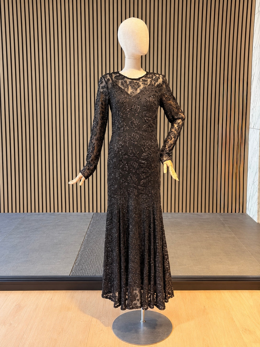 Black Sequin Embellished Maxi Evening Dress With Sheer Long Sleeves - Party Dress