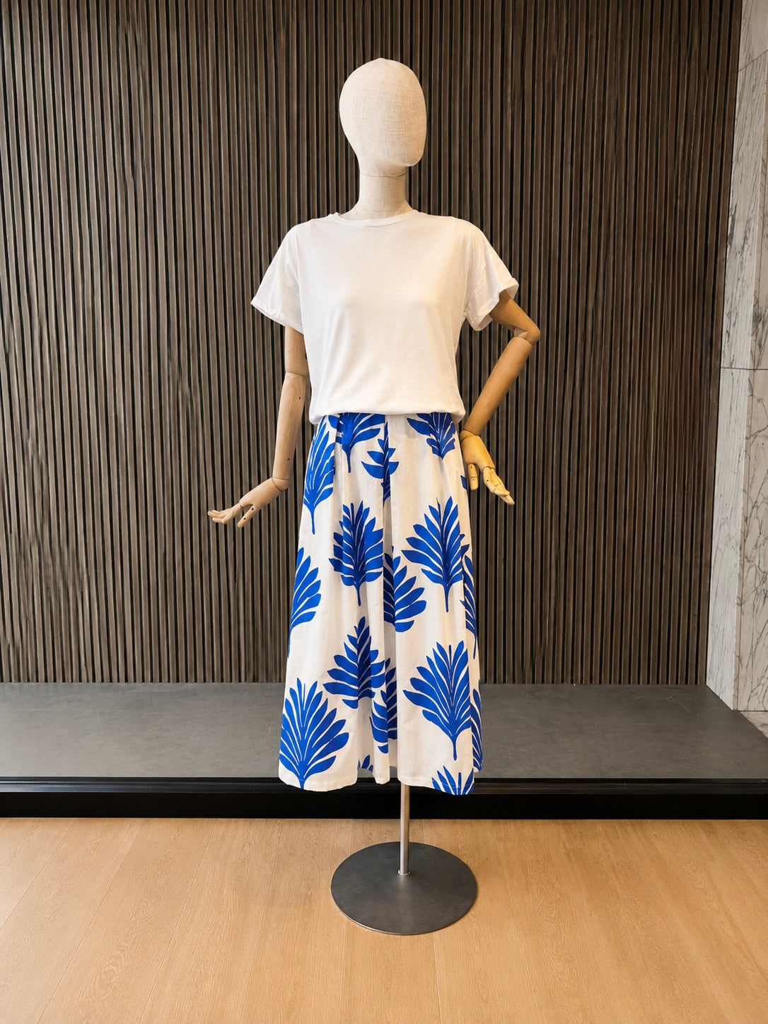 Blue Palm Print Maxi Skirt - White A-Line Skirt