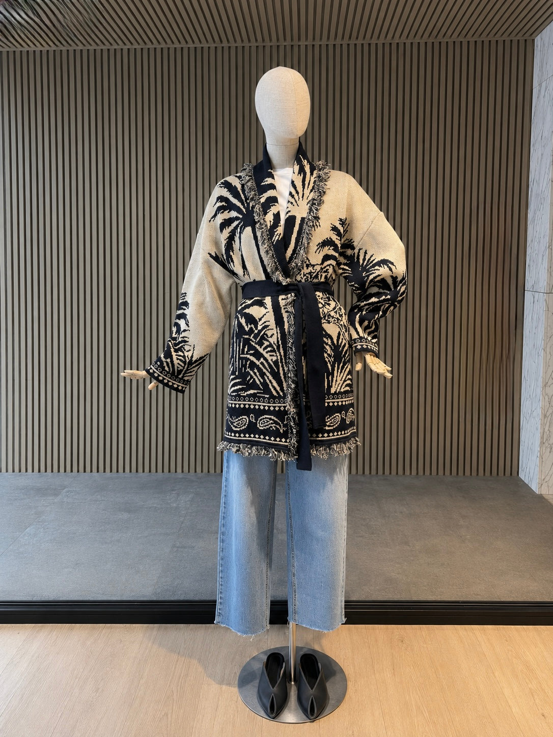 Tropical Tiger Oversized Belted Cardigan - Beige & Navy Knit Jacket