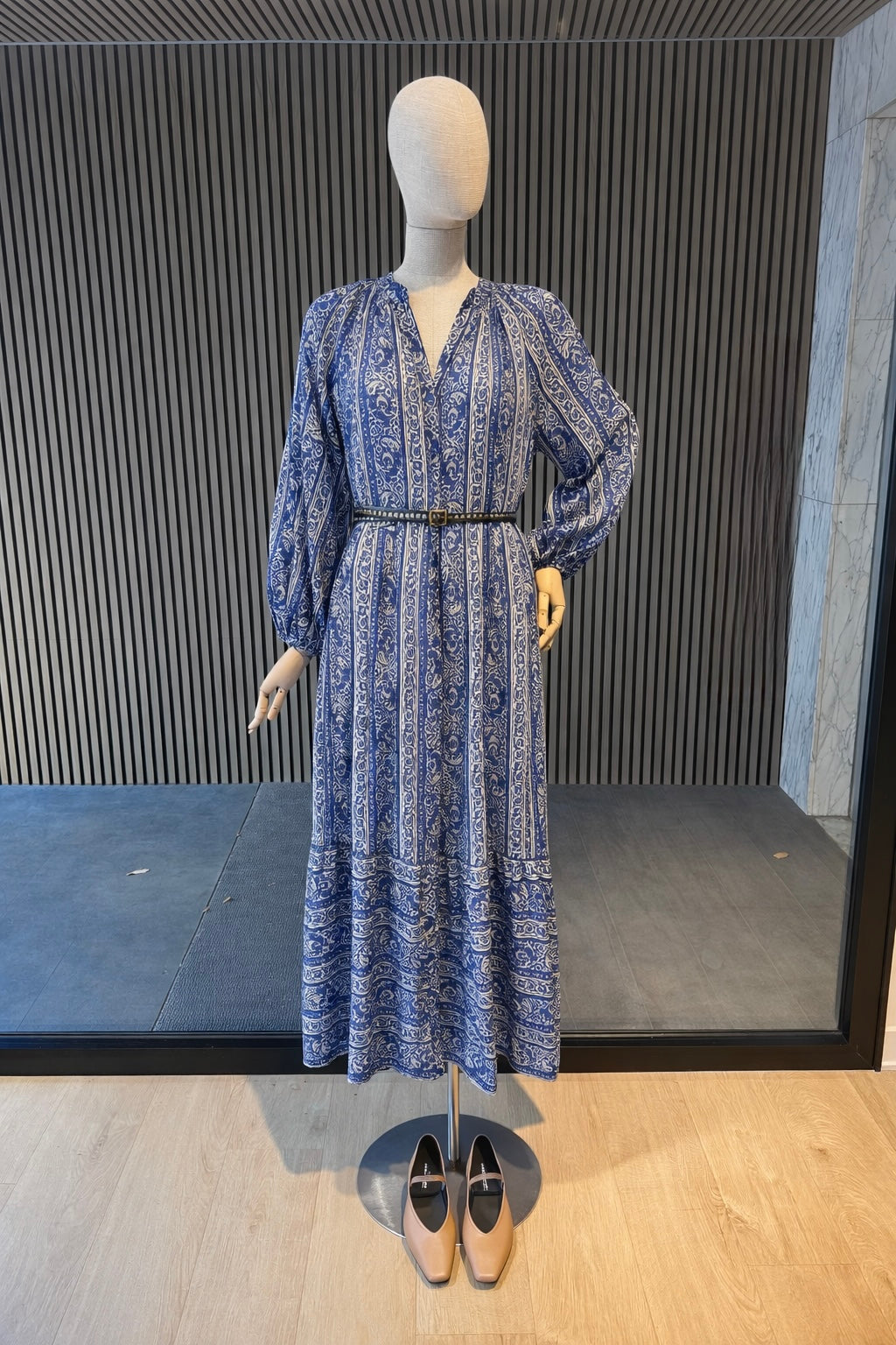 Blue Print Tie-Waist Maxi Dress