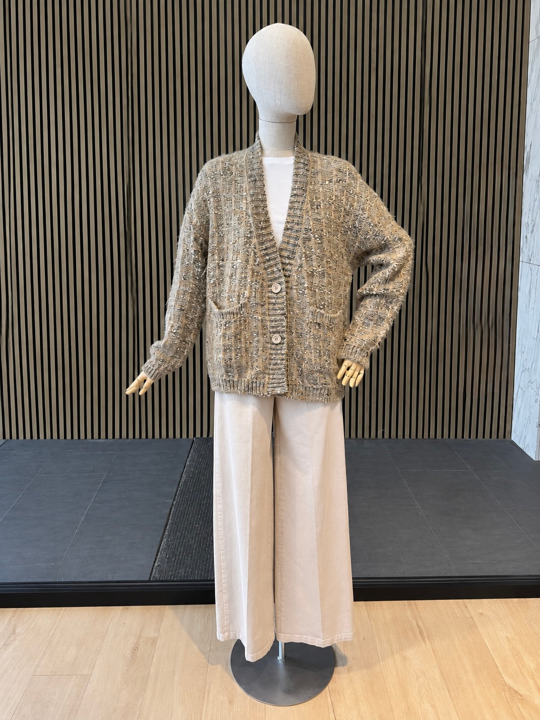 Relaxed Fit Textured Melange Knit Cardigan With Pockets - Taupe & Beige