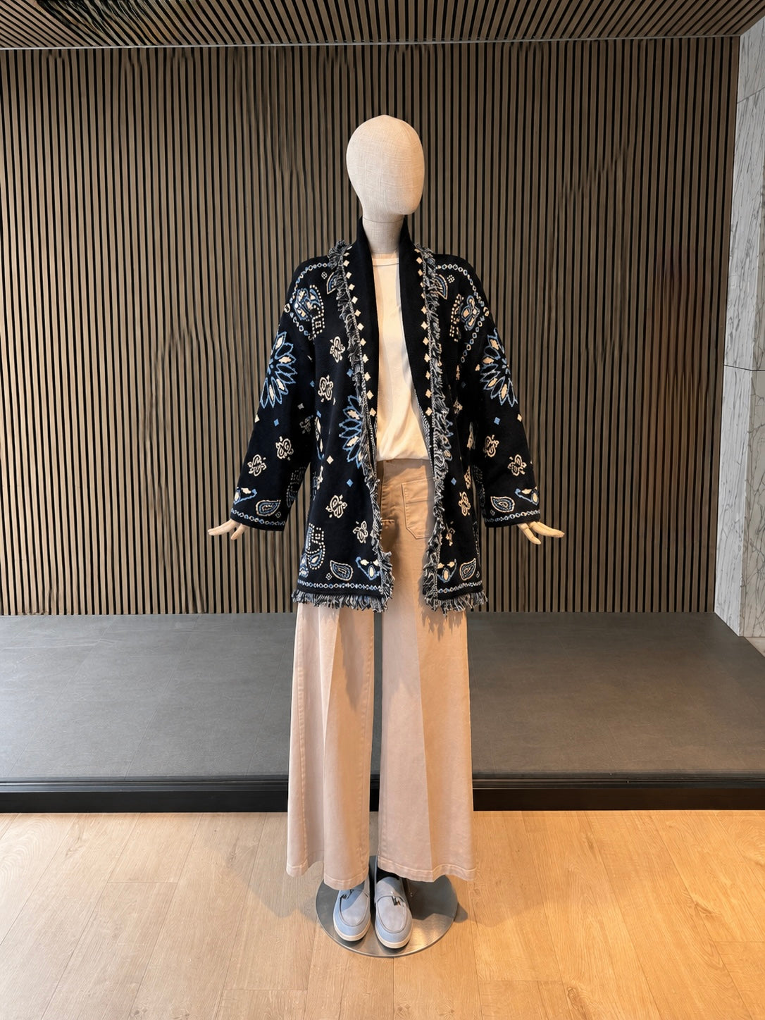 Navy Boho Knit Cardigan With Belt - Oversized Fringe Jacquard Cardigan