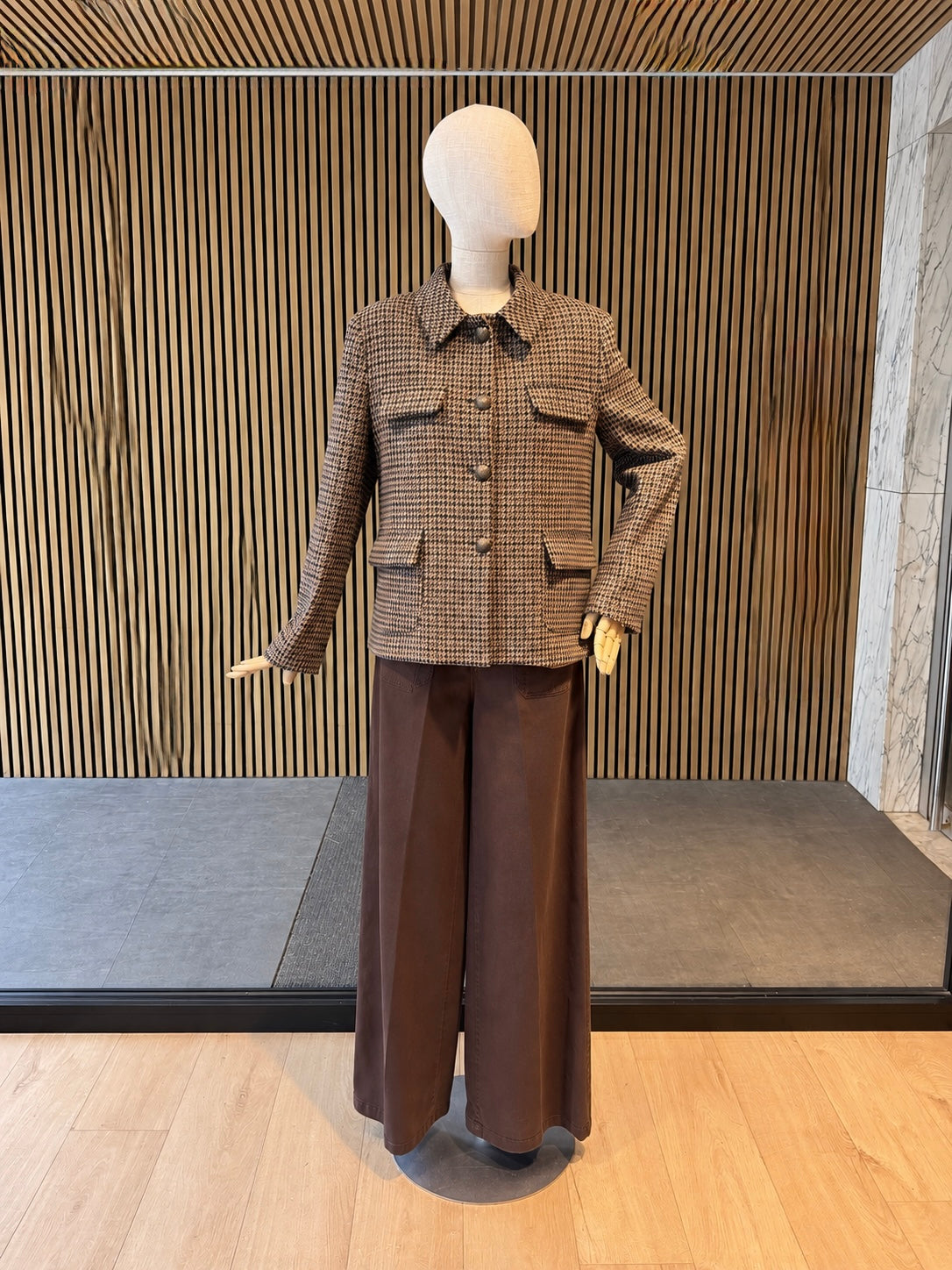 Women's Camel, Navy & Olive Green Houndstooth Jacket With Metal Buttons