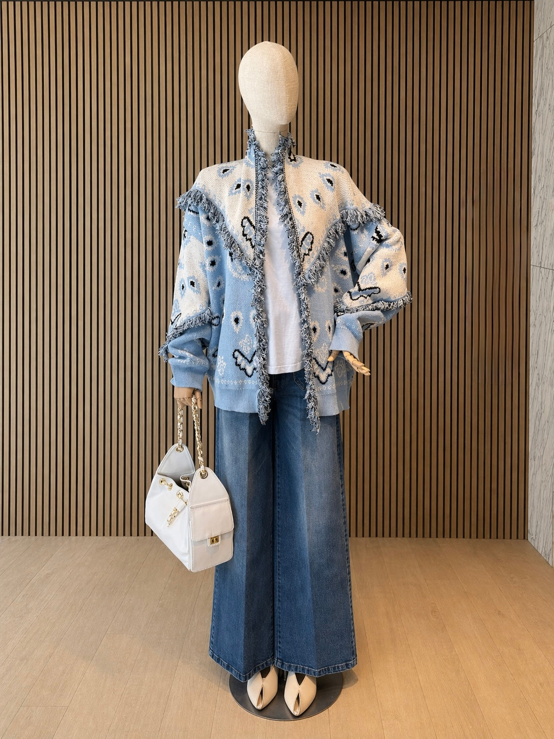 Boho Fringe Knit Cardigan - Oversized Blue & Cream Statement Jacket