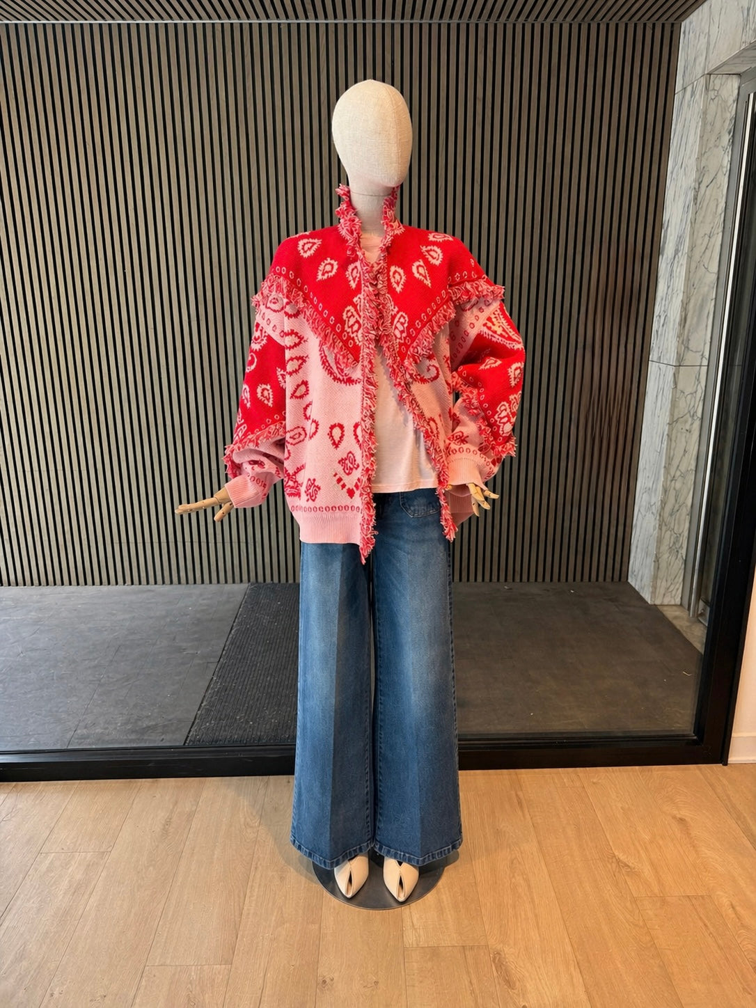 Red & Pink Paisley Fringe Relaxed Fit Cardigan - Statement Knit Jacket