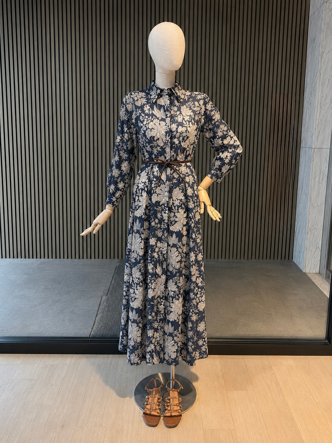 Midnight Navy Floral Maxi Shirt Dress With Belt - Long Sleeve Elegant Boho Dress