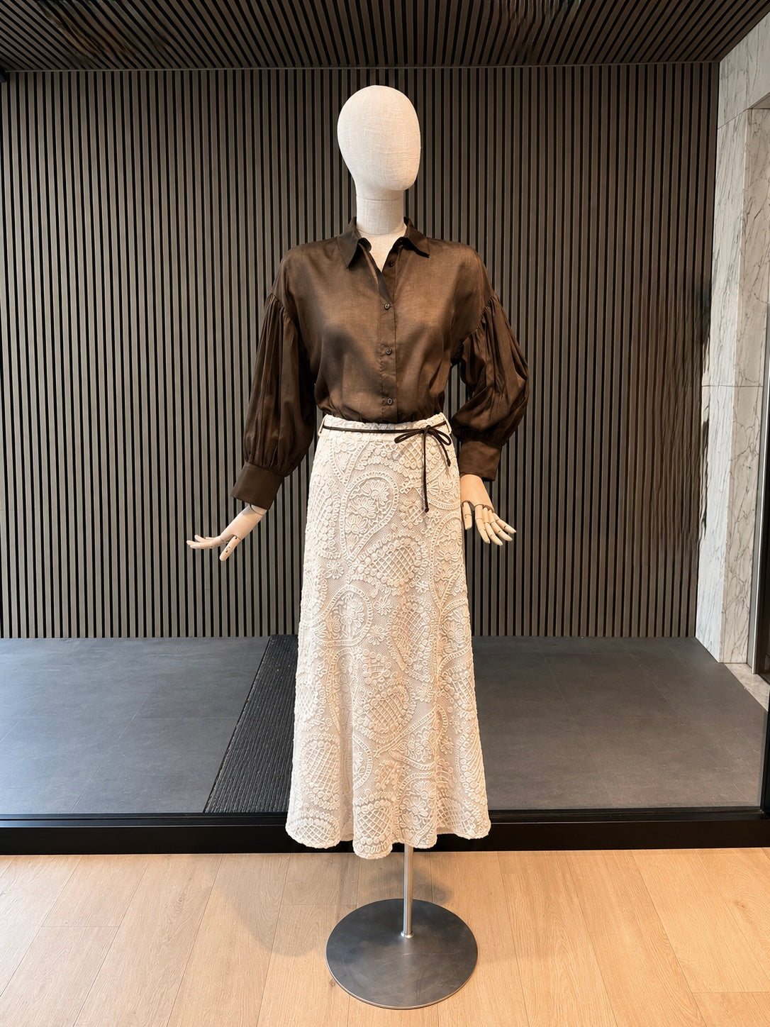 Chocolate Brown Sheer Balloon Sleeve Blouse - Elegant Women's Shirt