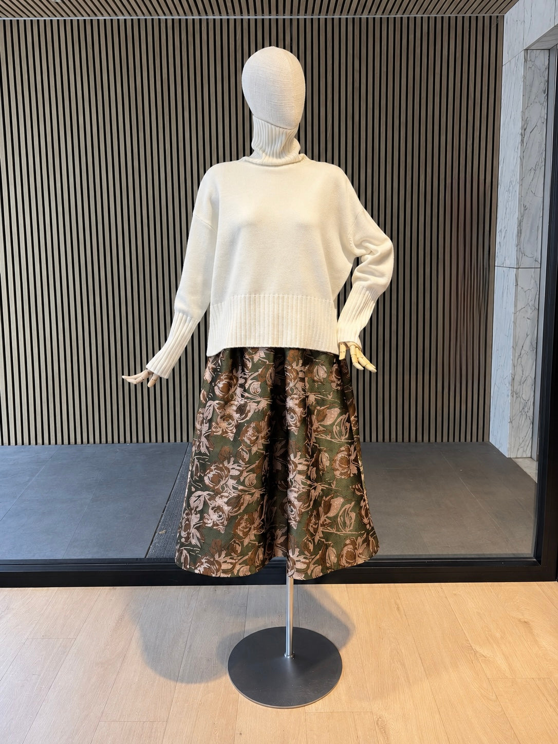 Cream Oversized Turtleneck Knit Sweater With Ribbed Cuffs