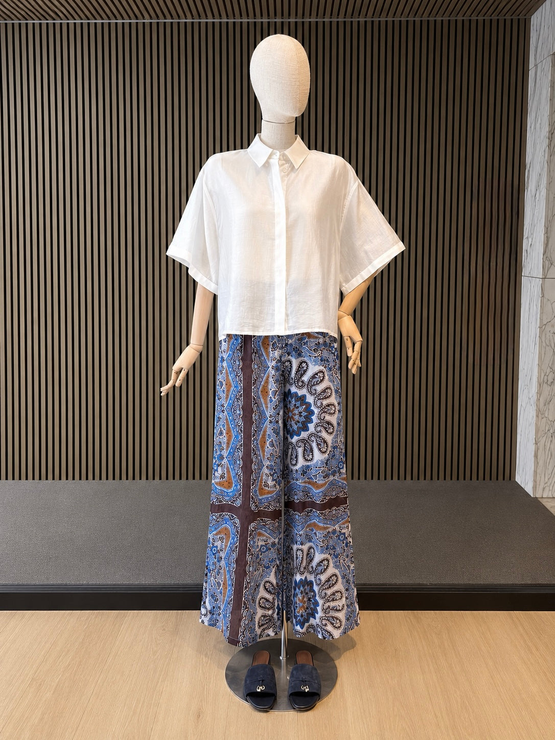 Blue Paisley Wide Leg Palazzo Trousers - Boho Print Flowing Women's Pants