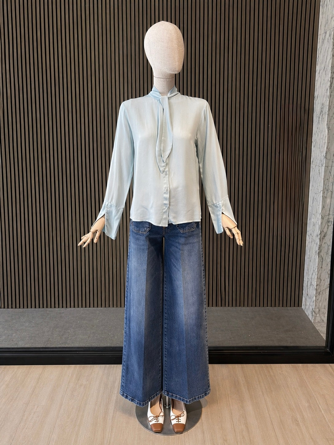 Pastel Blue Tie-Neck Blouse