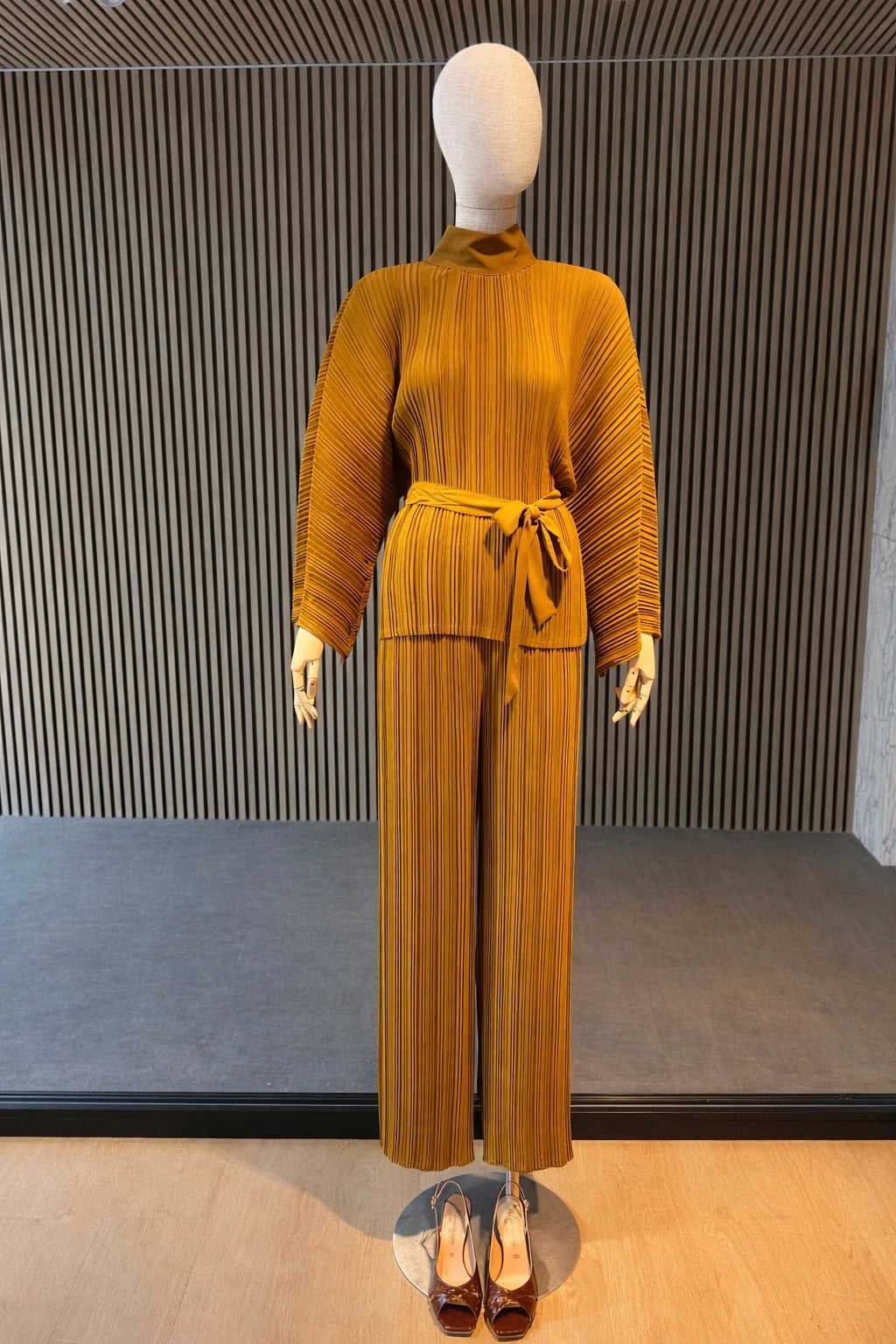 Mustard Pleated Relaxed Fit Belted Top