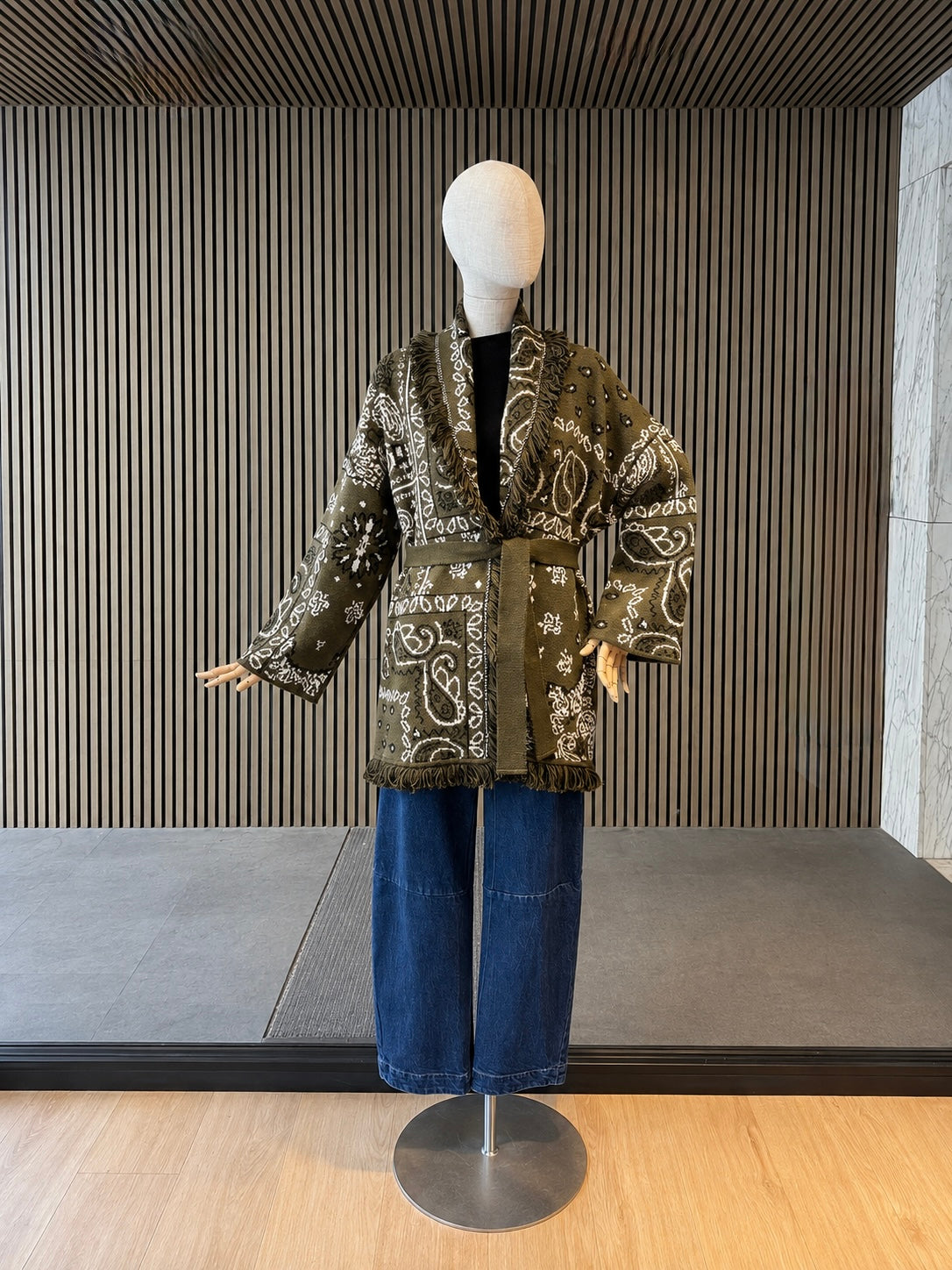 Relaxed Fit Olive Green Paisley Fringe Belted Knit Cardigan