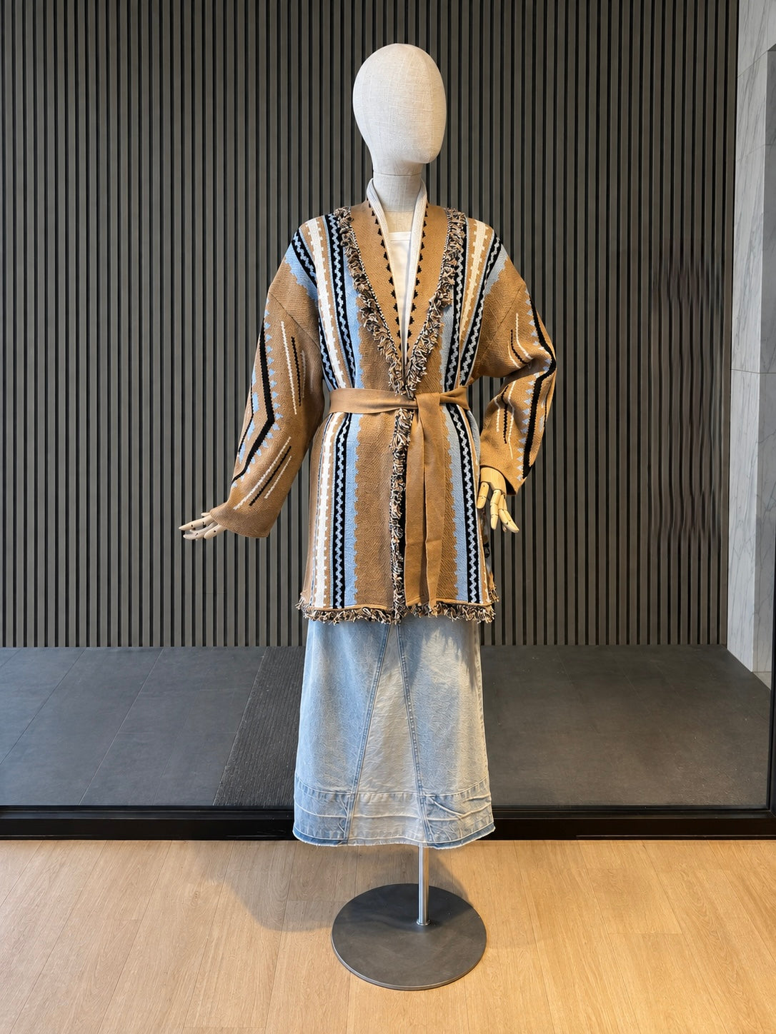 Oversized Camel Aztec Print Belted Fringe Cardigan