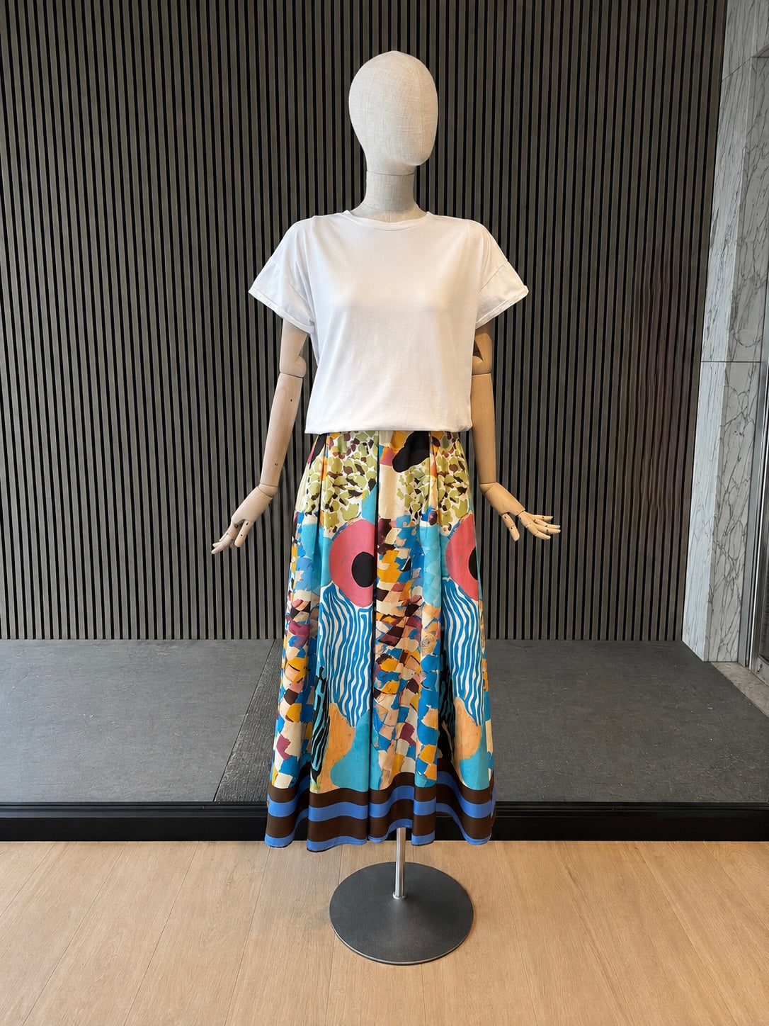 Italian Abstract Blue Print Pleated Maxi Skirt