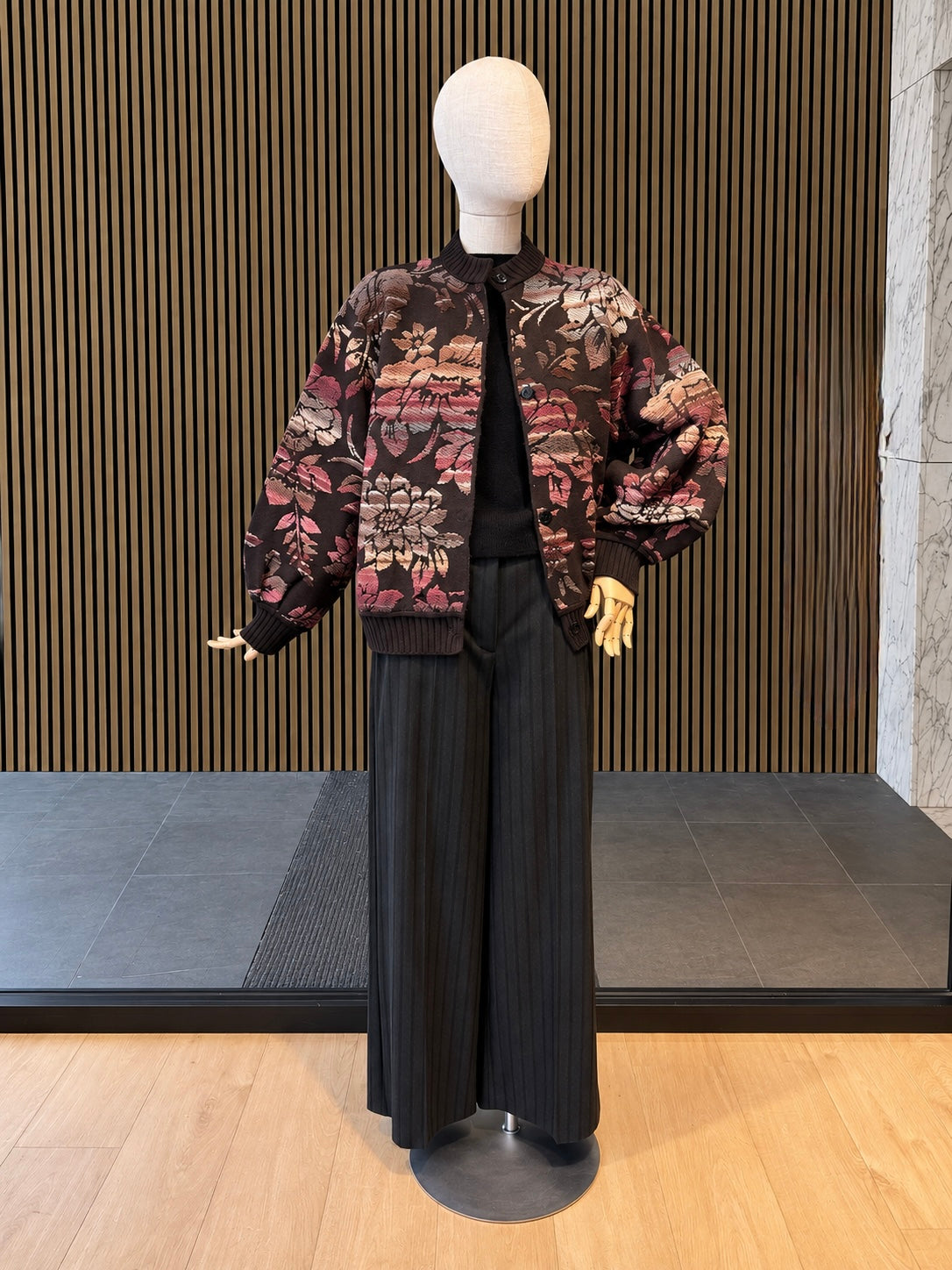 Women's Relaxed Fit Brown Floral Jacquard Bomber Cardigan